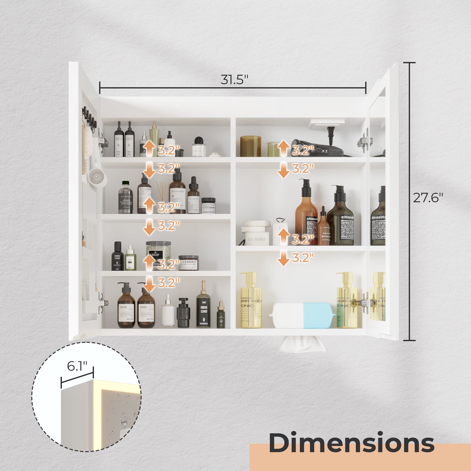 HAOYYE Particleboard LED Mirror Cabinet 32x28 Inches Acrylic Frame Double Doors 7 Shelves with Time & Temperature Display Three-Tone Lighting Adjustable Brightness Defogging USB Ports