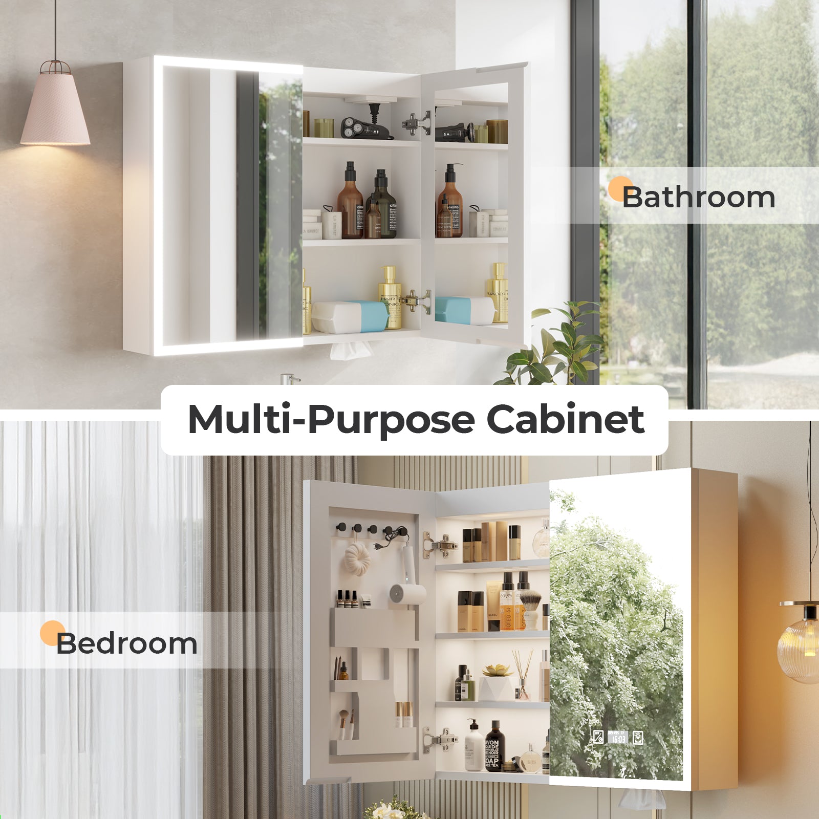 HAOYYE Particleboard LED Mirror Cabinet 32x28 Inches Acrylic Frame Double Doors 7 Shelves with Time & Temperature Display Three-Tone Lighting Adjustable Brightness Defogging USB Ports