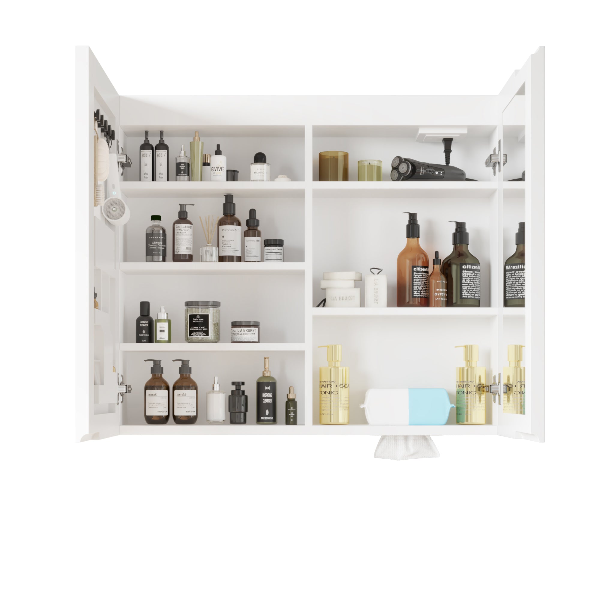 HAOYYE Particleboard LED Mirror Cabinet 32x28 Inches Acrylic Frame Double Doors 7 Shelves with Time & Temperature Display Three-Tone Lighting Adjustable Brightness Defogging USB Ports