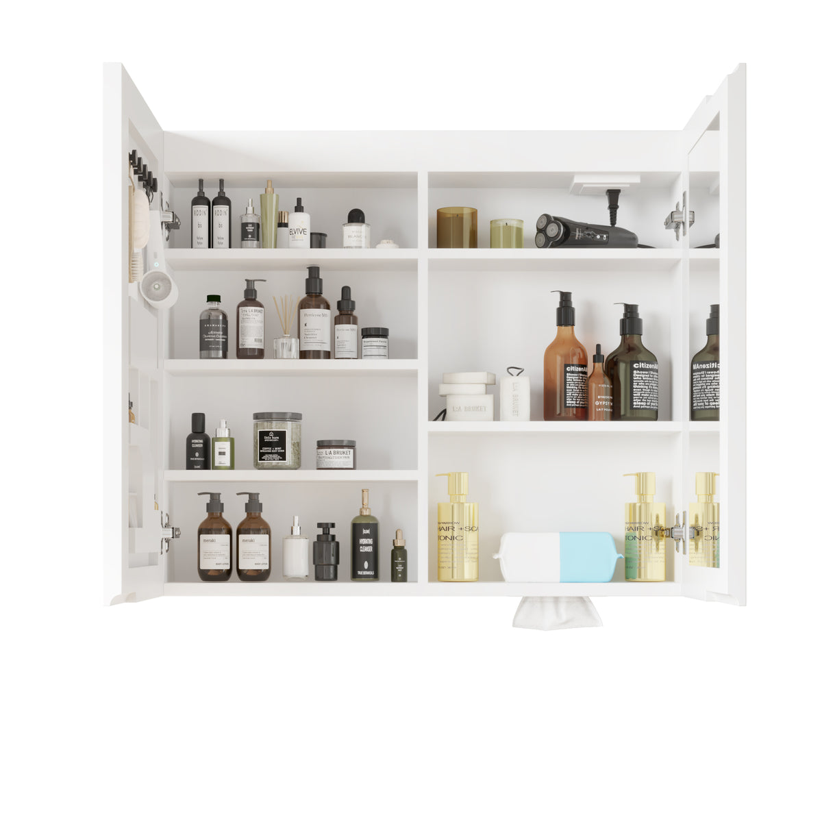 HAOYYE Particleboard LED Mirror Cabinet 32x28 Inches Acrylic Frame Double Doors 7 Shelves with Time & Temperature Display Three-Tone Lighting Adjustable Brightness Defogging USB Ports