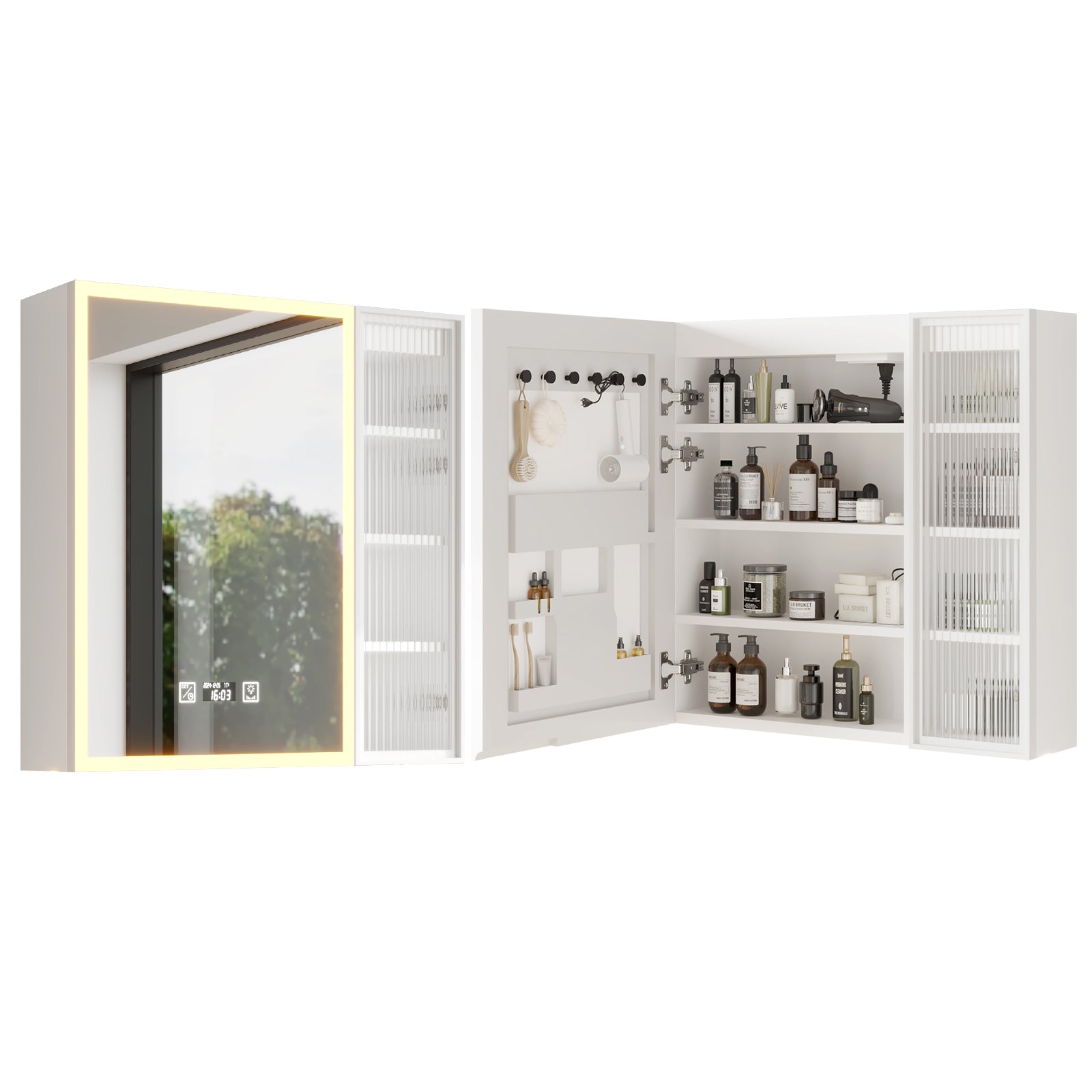 HAOYYE Particleboard LED Mirror Cabinet with Glass Doors, 8-Layer Shelves, Time & Temperature Display, Three-Tone Lighting, Adjustable Brightness, USB and Power Plugs