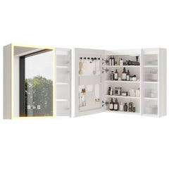 HAOYYE Particleboard LED Mirror Cabinet with Glass Doors, 8-Layer Shelves, Time & Temperature Display, Three-Tone Lighting, Adjustable Brightness, USB and Power Plugs