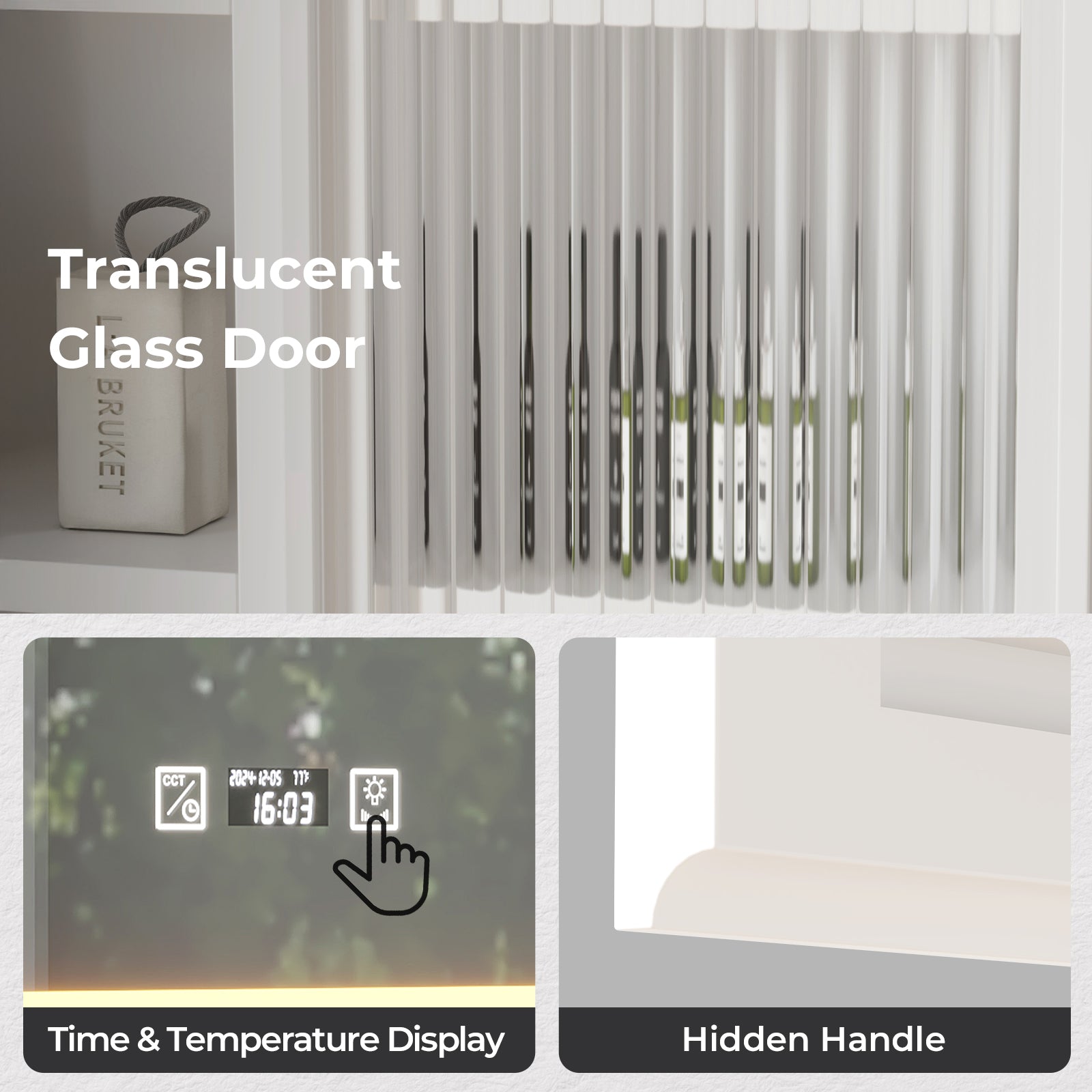 HAOYYE Particleboard LED Mirror Cabinet with Glass Doors, 8-Layer Shelves, Time & Temperature Display, Three-Tone Lighting, Adjustable Brightness, USB and Power Plugs