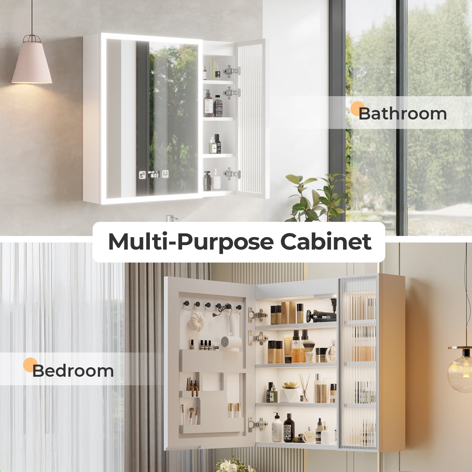 HAOYYE Particleboard LED Mirror Cabinet with Glass Doors, 8-Layer Shelves, Time & Temperature Display, Three-Tone Lighting, Adjustable Brightness, USB and Power Plugs