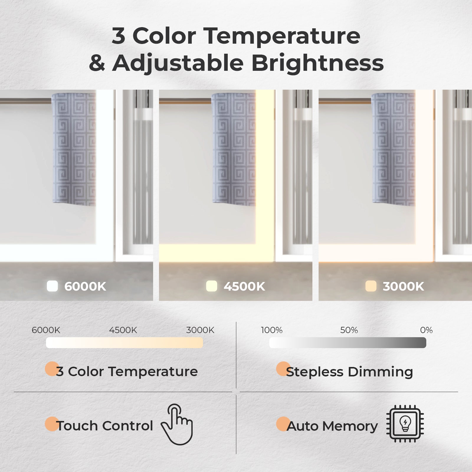 HAOYYE Particleboard LED Mirror Cabinet with Glass Doors, 8-Layer Shelves, Time & Temperature Display, Three-Tone Lighting, Adjustable Brightness, USB and Power Plugs