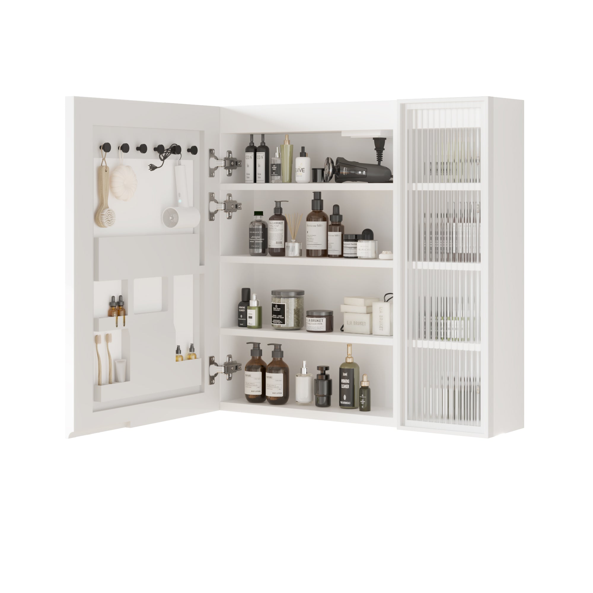 HAOYYE Particleboard LED Mirror Cabinet with Glass Doors, 8-Layer Shelves, Time & Temperature Display, Three-Tone Lighting, Adjustable Brightness, USB and Power Plugs
