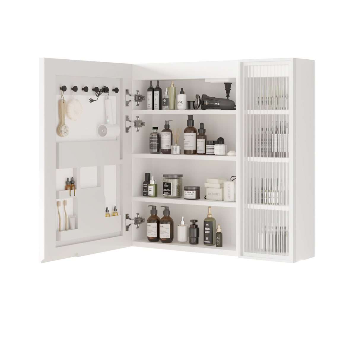 HAOYYE Particleboard LED Mirror Cabinet with Glass Doors, 8-Layer Shelves, Time & Temperature Display, Three-Tone Lighting, Adjustable Brightness, USB and Power Plugs