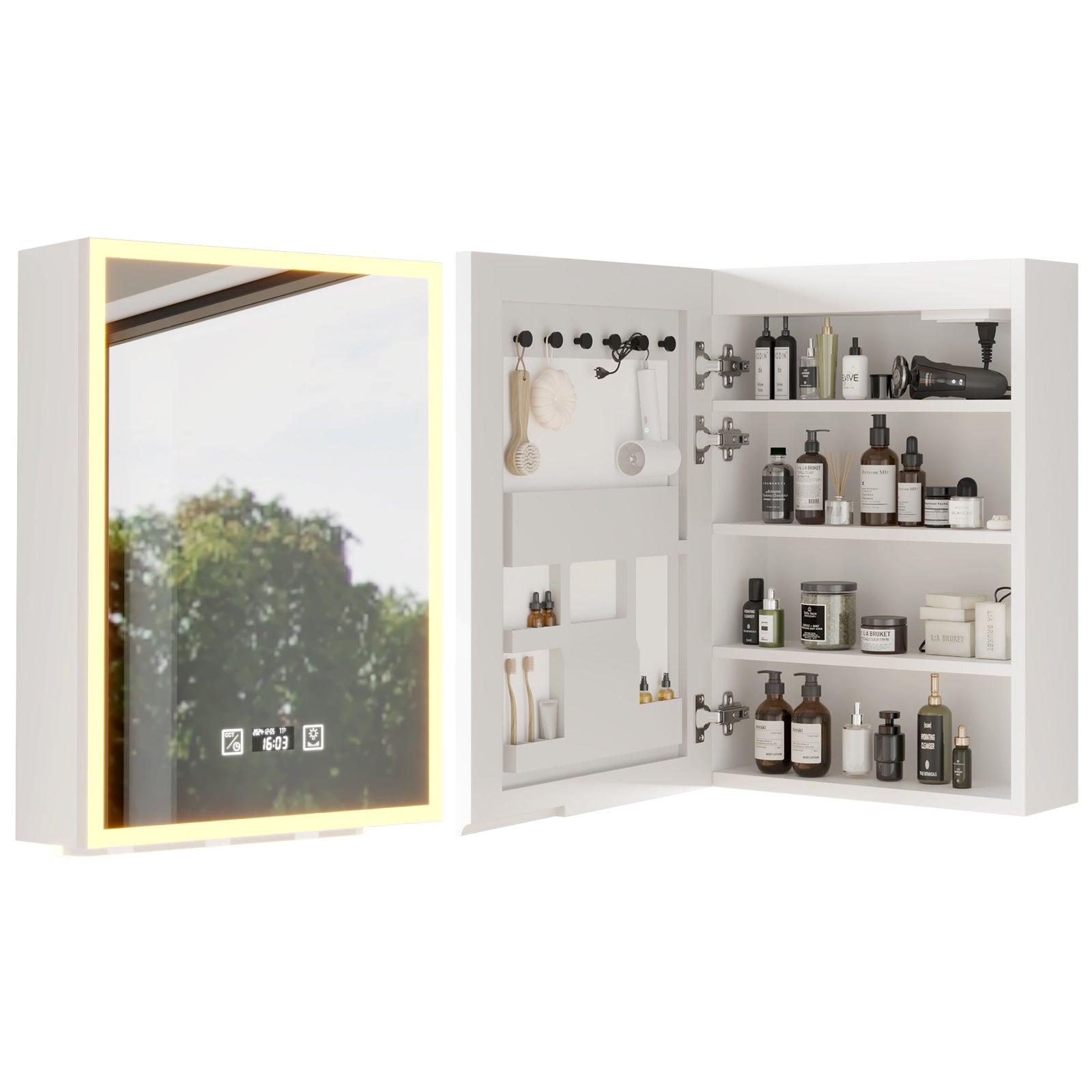 HAOYYE White LED Mirror Cabinet with Acrylic Frame, Built-In Time and Temperature Display, Three-Tone Dimming with Adjustable Brightness, Power-Off Memory, Four Shelves with Door for Bathroom Storage, Dual USB Ports and US Sockets, Ambient Bottom Light