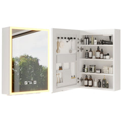 HAOYYE White LED Mirror Cabinet with Acrylic Frame, Built-In Time and Temperature Display, Three-Tone Dimming with Adjustable Brightness, Power-Off Memory, Four Shelves with Door for Bathroom Storage, Dual USB Ports and US Sockets, Ambient Bottom Light