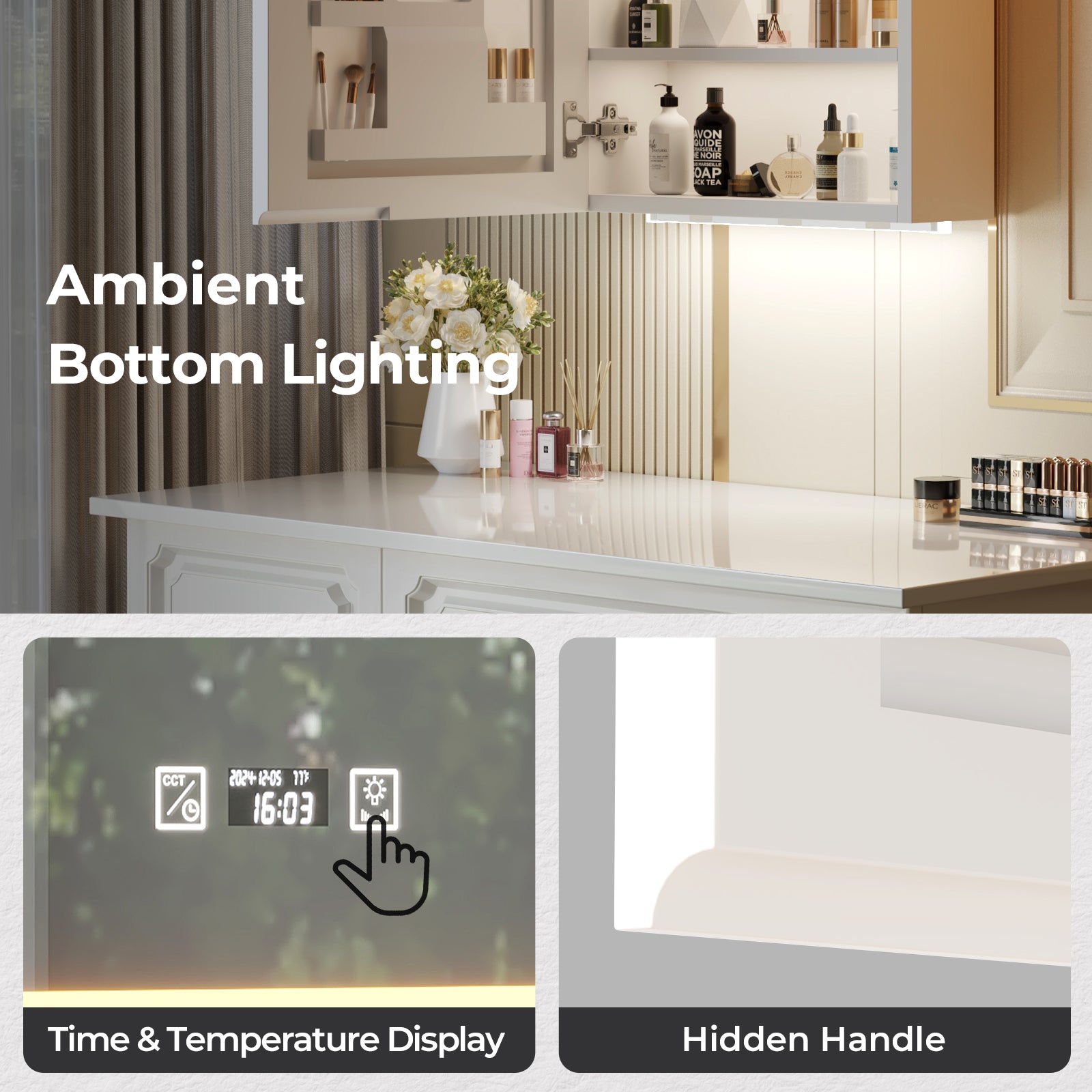 HAOYYE White LED Mirror Cabinet with Acrylic Frame, Built-In Time and Temperature Display, Three-Tone Dimming with Adjustable Brightness, Power-Off Memory, Four Shelves with Door for Bathroom Storage, Dual USB Ports and US Sockets, Ambient Bottom Light