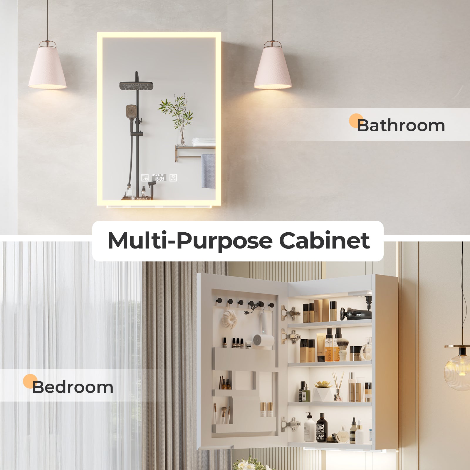 HAOYYE White LED Mirror Cabinet with Acrylic Frame, Built-In Time and Temperature Display, Three-Tone Dimming with Adjustable Brightness, Power-Off Memory, Four Shelves with Door for Bathroom Storage, Dual USB Ports and US Sockets, Ambient Bottom Light