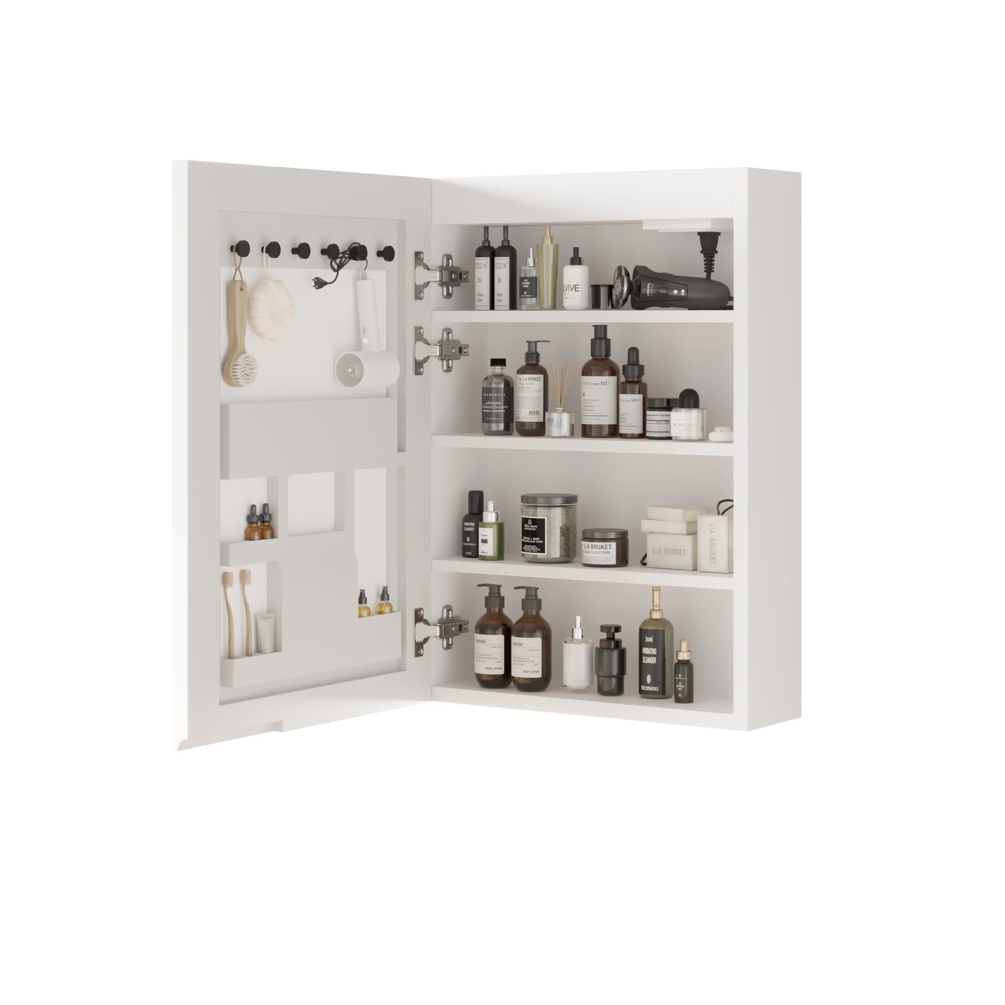 HAOYYE White LED Mirror Cabinet with Acrylic Frame, Built-In Time and Temperature Display, Three-Tone Dimming with Adjustable Brightness, Power-Off Memory, Four Shelves with Door for Bathroom Storage, Dual USB Ports and US Sockets, Ambient Bottom Light