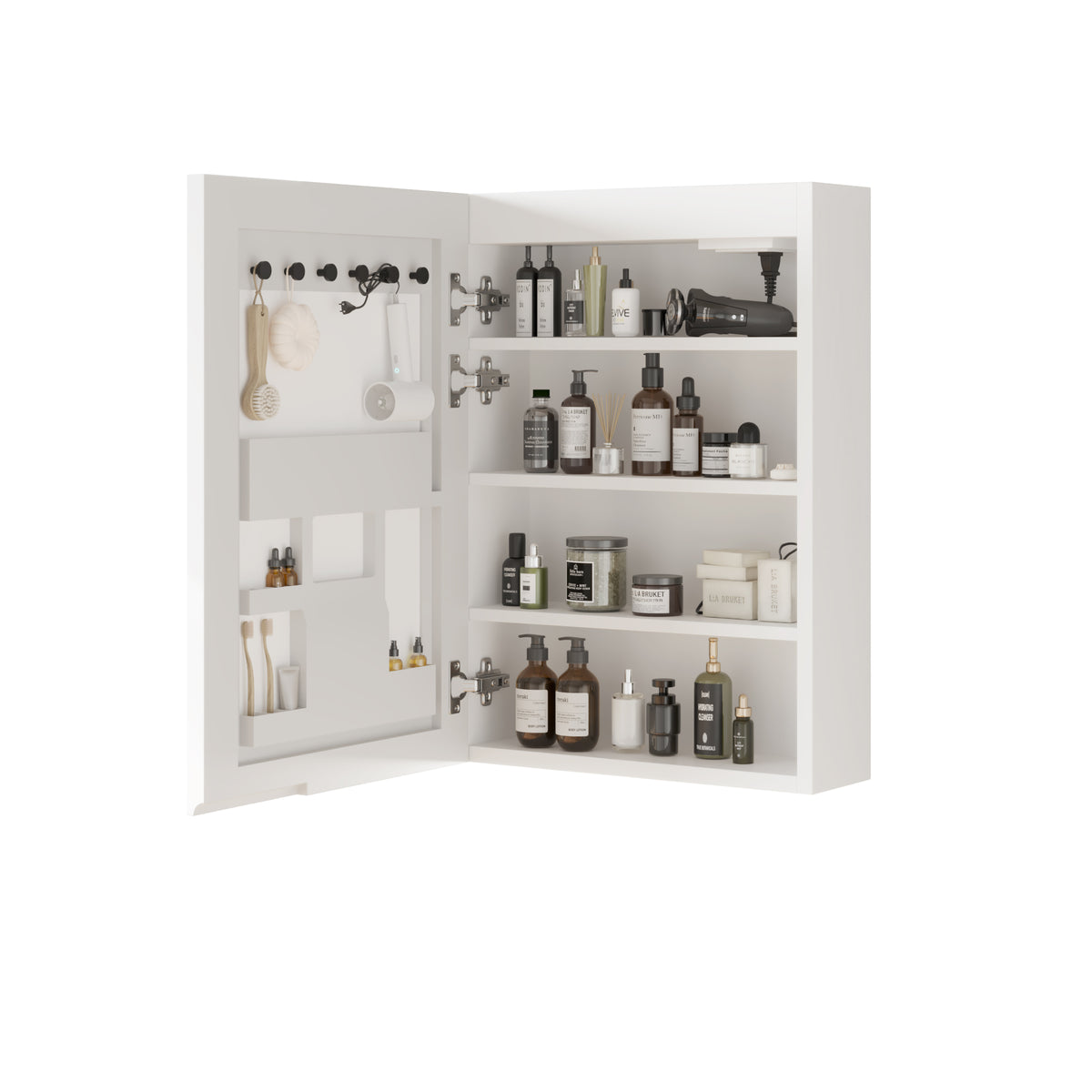 HAOYYE White LED Mirror Cabinet with Acrylic Frame, Built-In Time and Temperature Display, Three-Tone Dimming with Adjustable Brightness, Power-Off Memory, Four Shelves with Door for Bathroom Storage, Dual USB Ports and US Sockets, Ambient Bottom Light