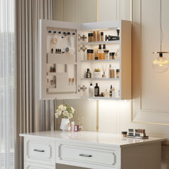 HAOYYE White LED Mirror Cabinet with Acrylic Frame, Built-In Time and Temperature Display, Three-Tone Dimming with Adjustable Brightness, Power-Off Memory, Four Shelves with Door for Bathroom Storage, Dual USB Ports and US Sockets, Ambient Bottom Light
