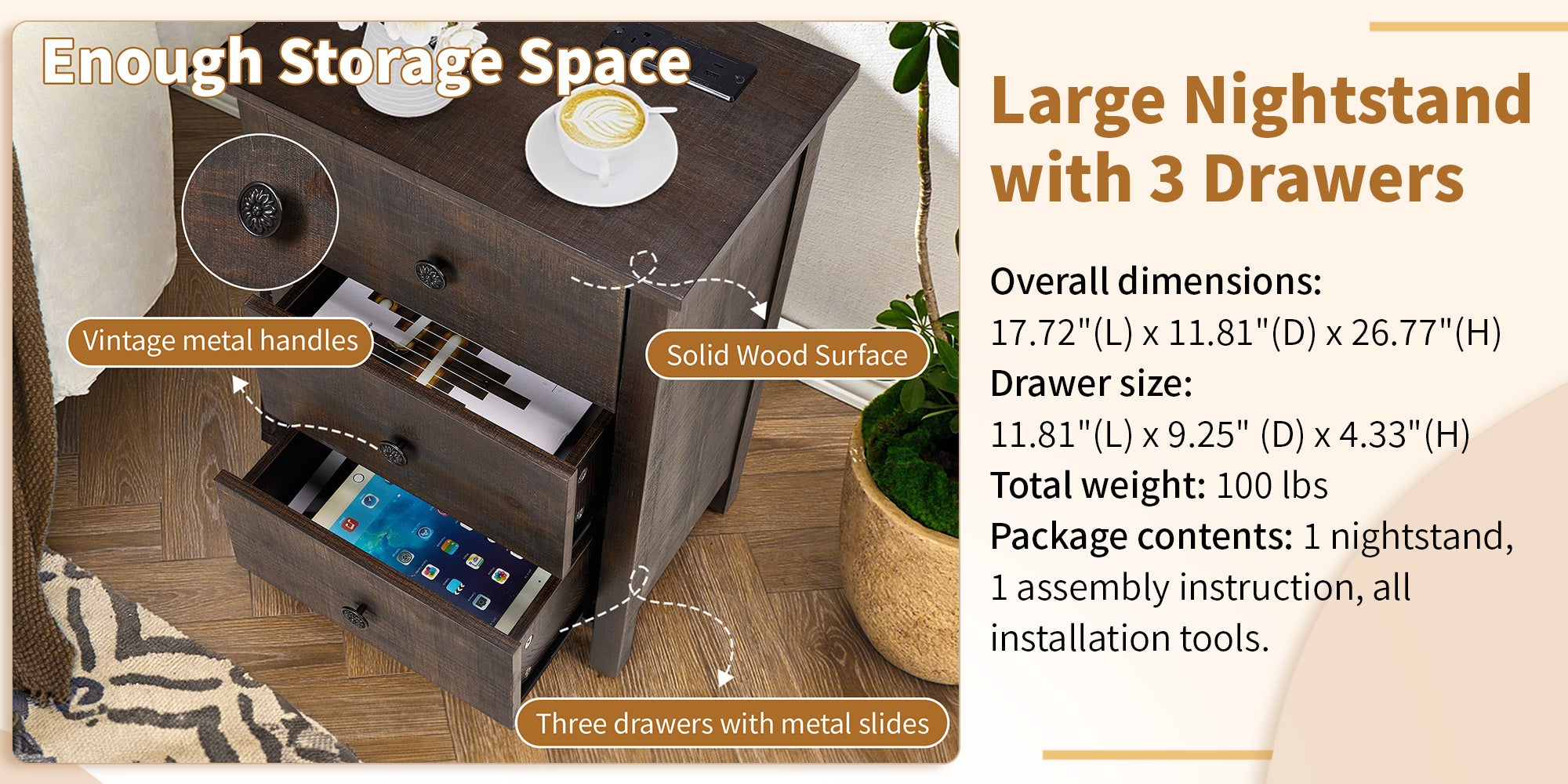 HAOYYE Brown MDF Bedside Table with Solid Wood Veneer Modern Nightstand with Three Drawers for Bedroom Living Room Dorm Compact Design Easy Assembly Sturdy Storage Furniture for Home