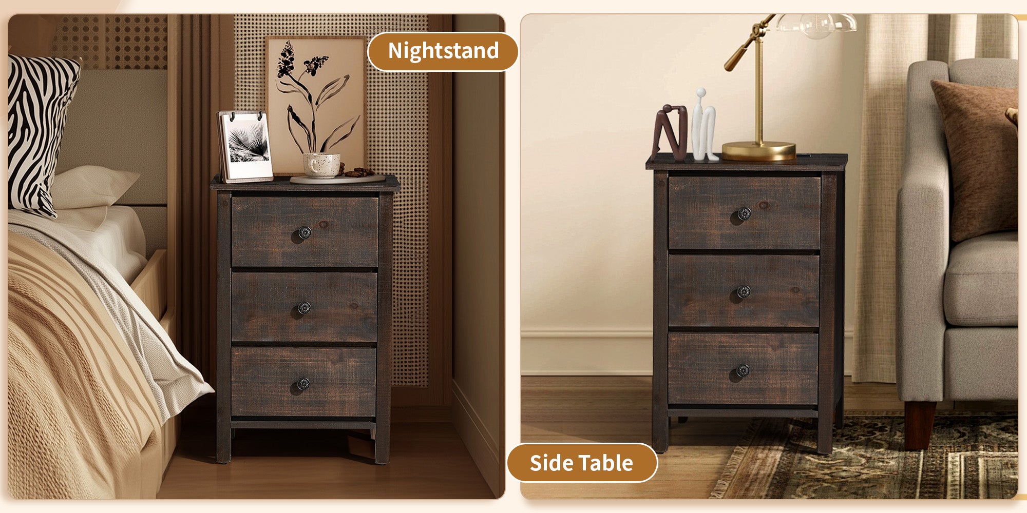 HAOYYE Brown MDF Bedside Table with Solid Wood Veneer Modern Nightstand with Three Drawers for Bedroom Living Room Dorm Compact Design Easy Assembly Sturdy Storage Furniture for Home