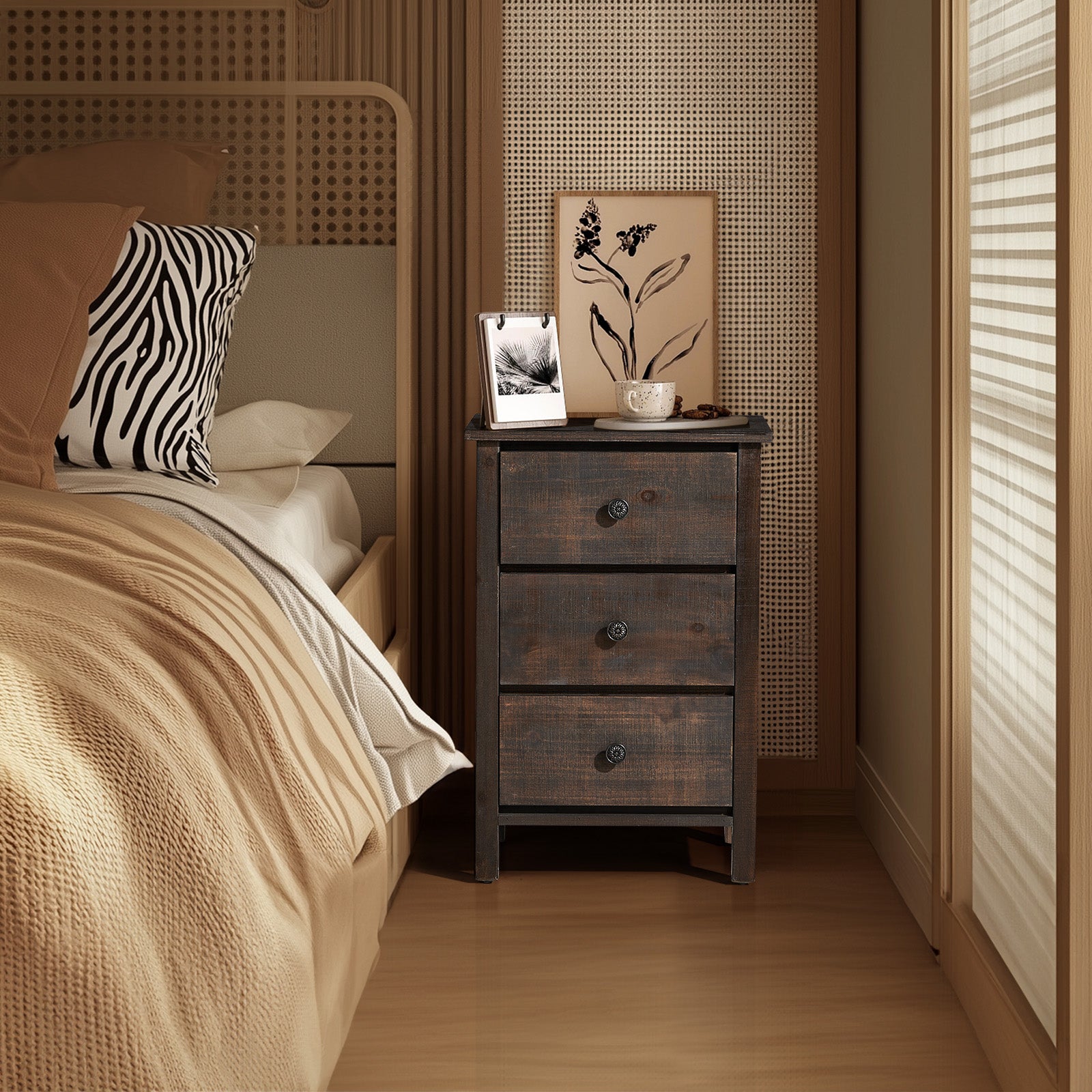 HAOYYE Brown MDF Bedside Table with Solid Wood Veneer Modern Nightstand with Three Drawers for Bedroom Living Room Dorm Compact Design Easy Assembly Sturdy Storage Furniture for Home
