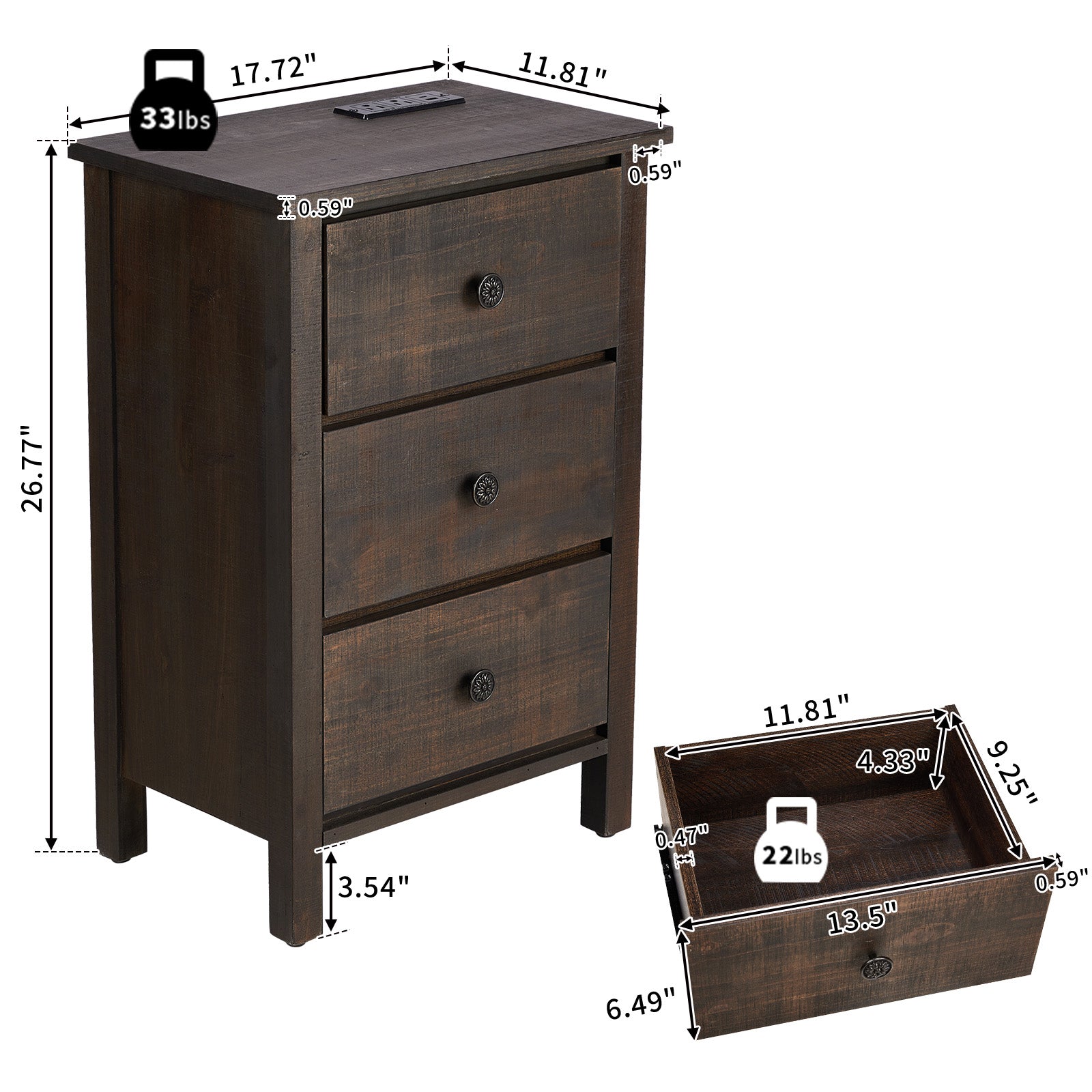 HAOYYE Brown MDF Bedside Table with Solid Wood Veneer Modern Nightstand with Three Drawers for Bedroom Living Room Dorm Compact Design Easy Assembly Sturdy Storage Furniture for Home