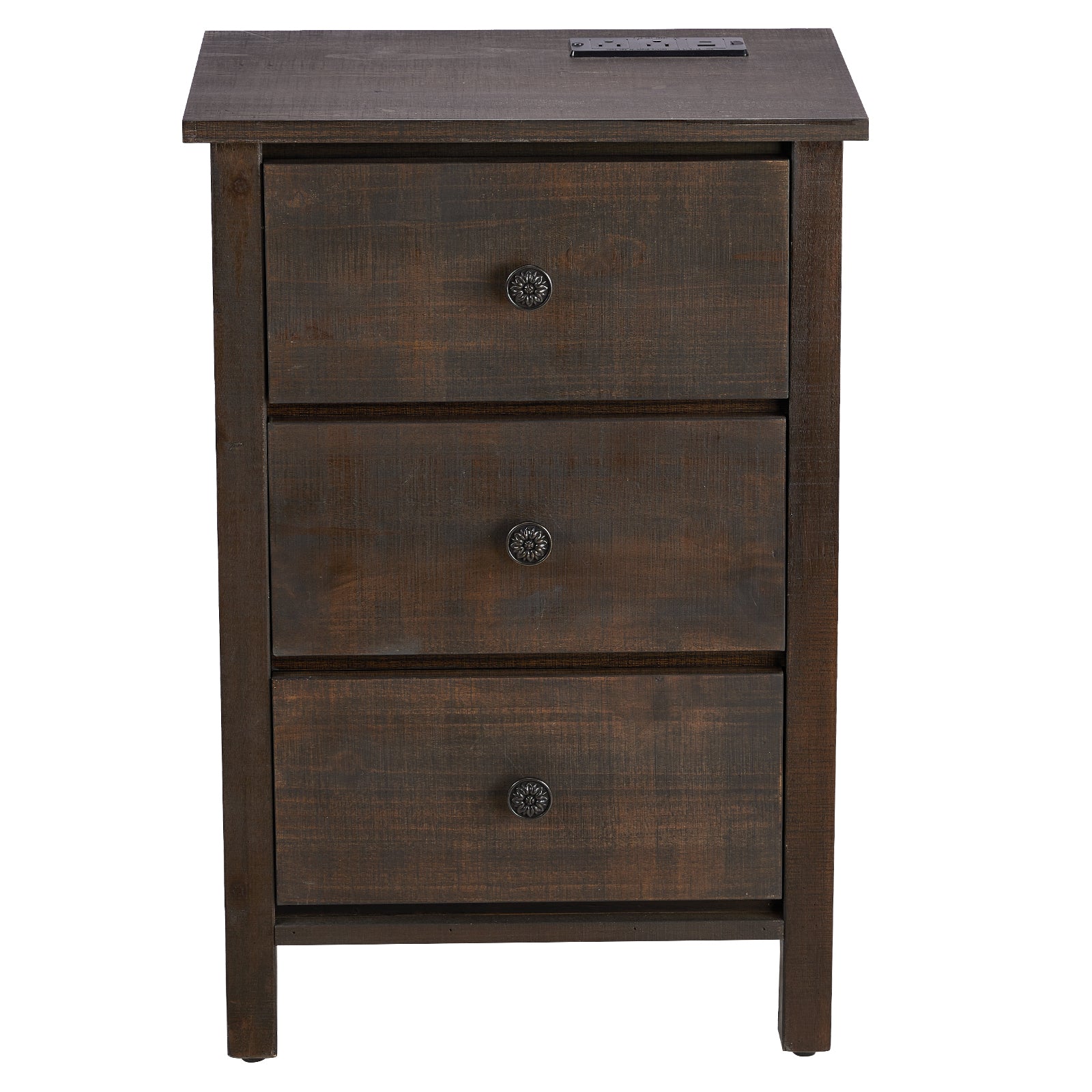 HAOYYE Brown MDF Bedside Table with Solid Wood Veneer Modern Nightstand with Three Drawers for Bedroom Living Room Dorm Compact Design Easy Assembly Sturdy Storage Furniture for Home
