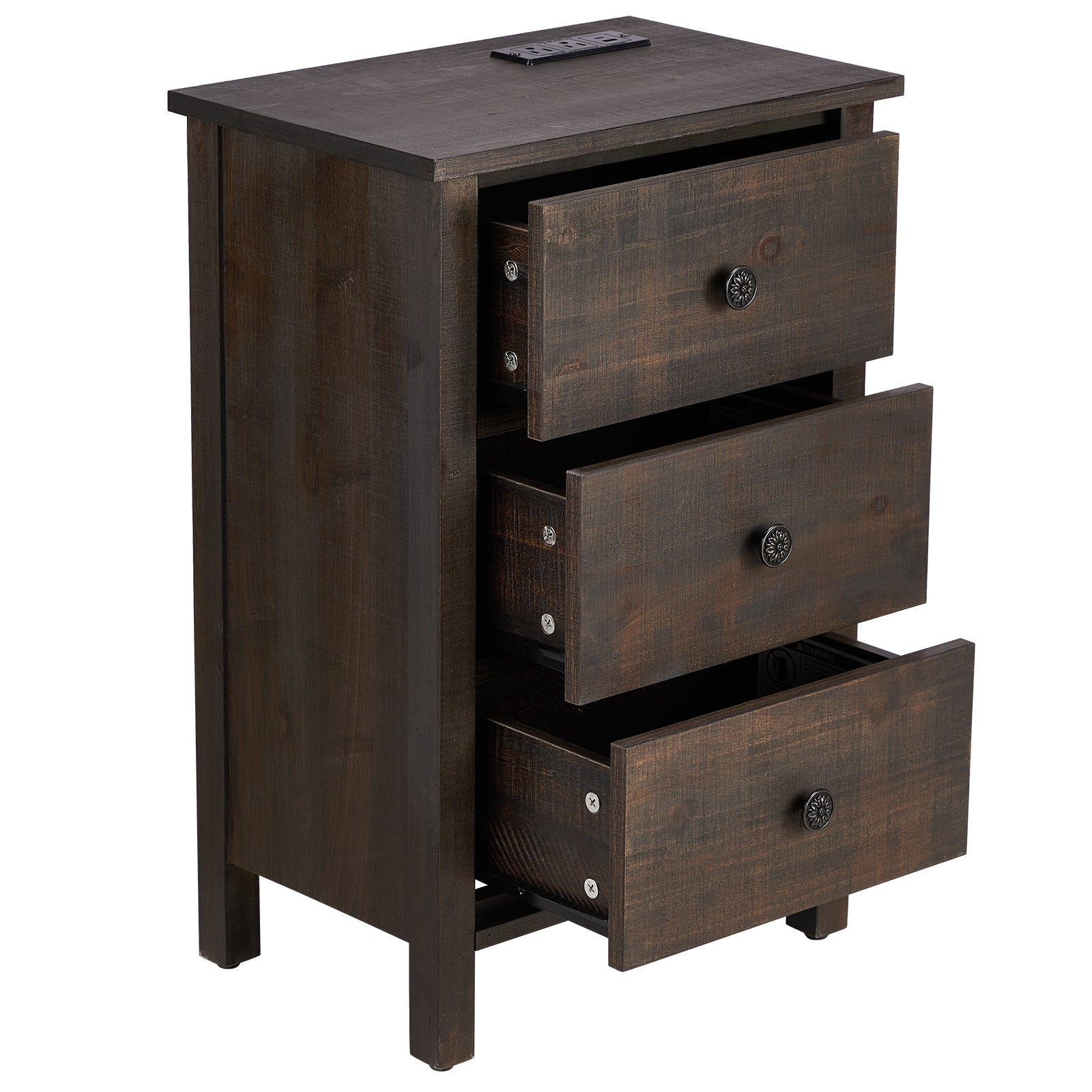 HAOYYE Brown MDF Bedside Table with Solid Wood Veneer Modern Nightstand with Three Drawers for Bedroom Living Room Dorm Compact Design Easy Assembly Sturdy Storage Furniture for Home