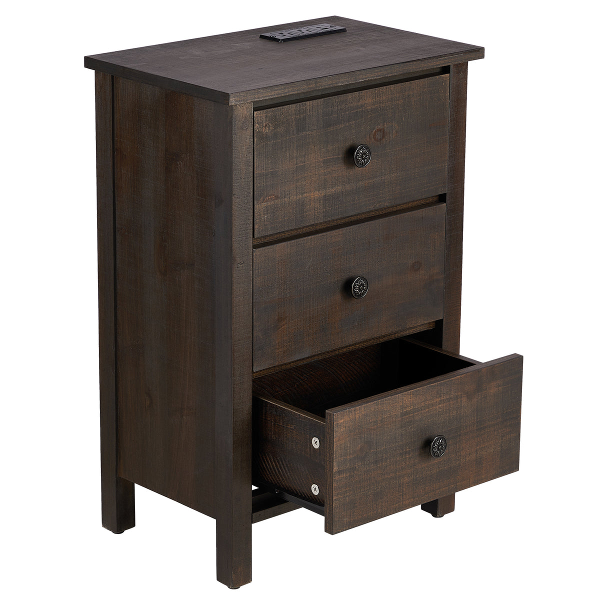 HAOYYE Brown MDF Bedside Table with Solid Wood Veneer Modern Nightstand with Three Drawers for Bedroom Living Room Dorm Compact Design Easy Assembly Sturdy Storage Furniture for Home