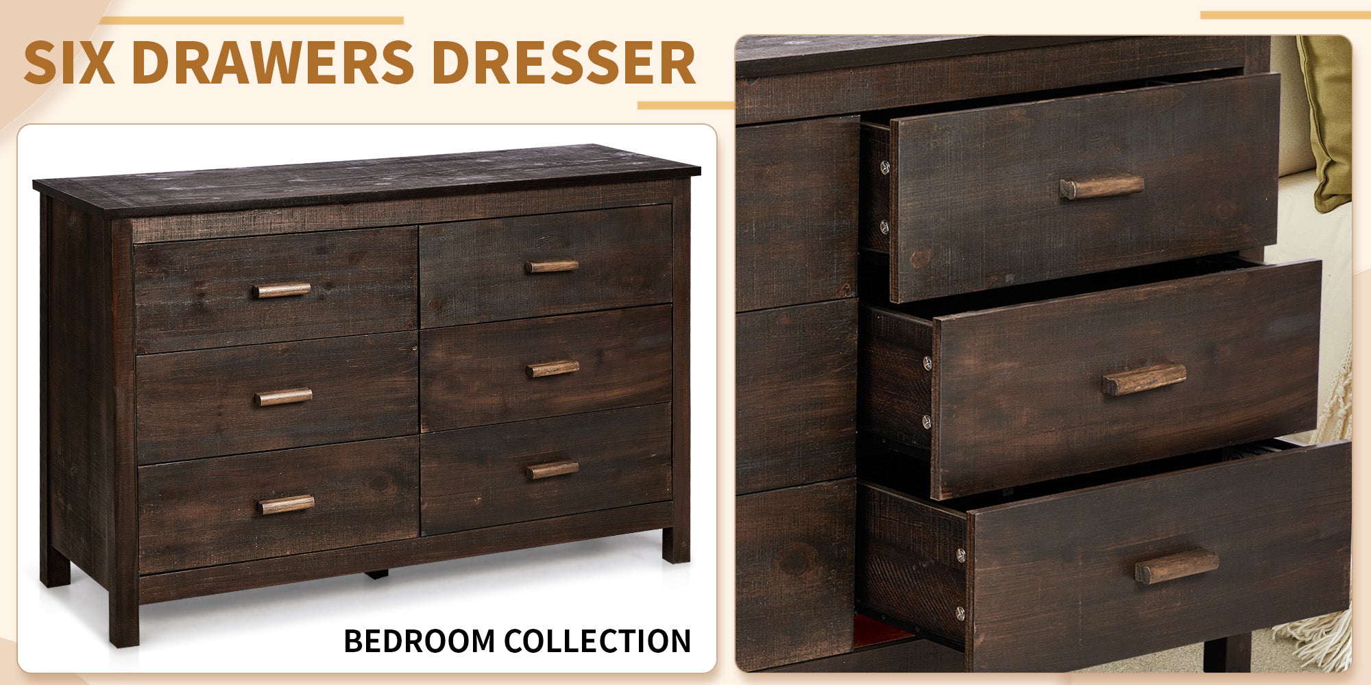 HAOYYE MDF Chest of Drawers with Solid Wood Veneer, Double Row Six Drawer Storage Cabinet for Bedroom and Living Room Organization