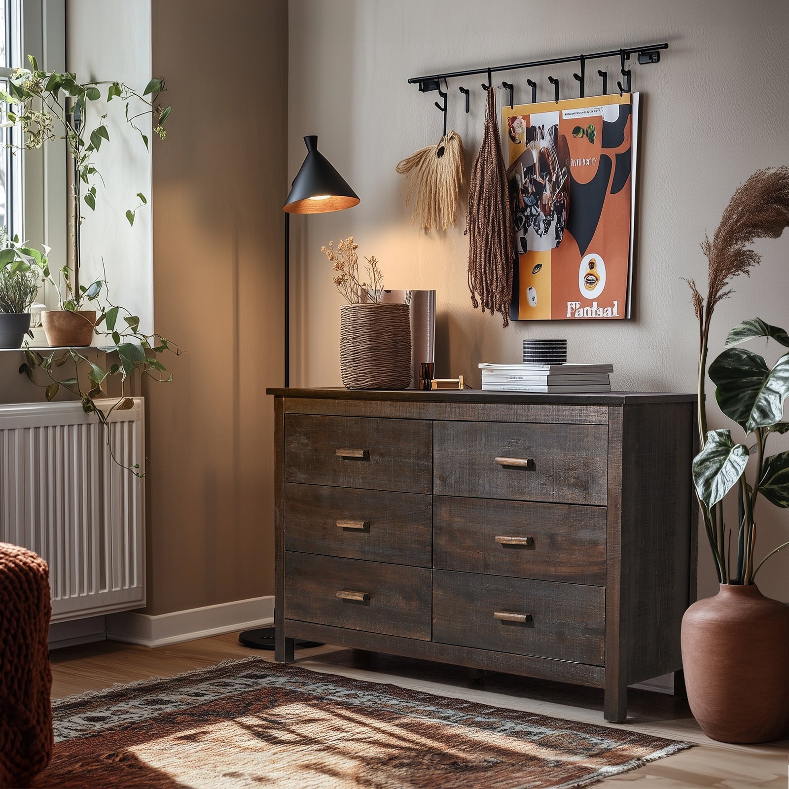 HAOYYE MDF Chest of Drawers with Solid Wood Veneer, Double Row Six Drawer Storage Cabinet for Bedroom and Living Room Organization