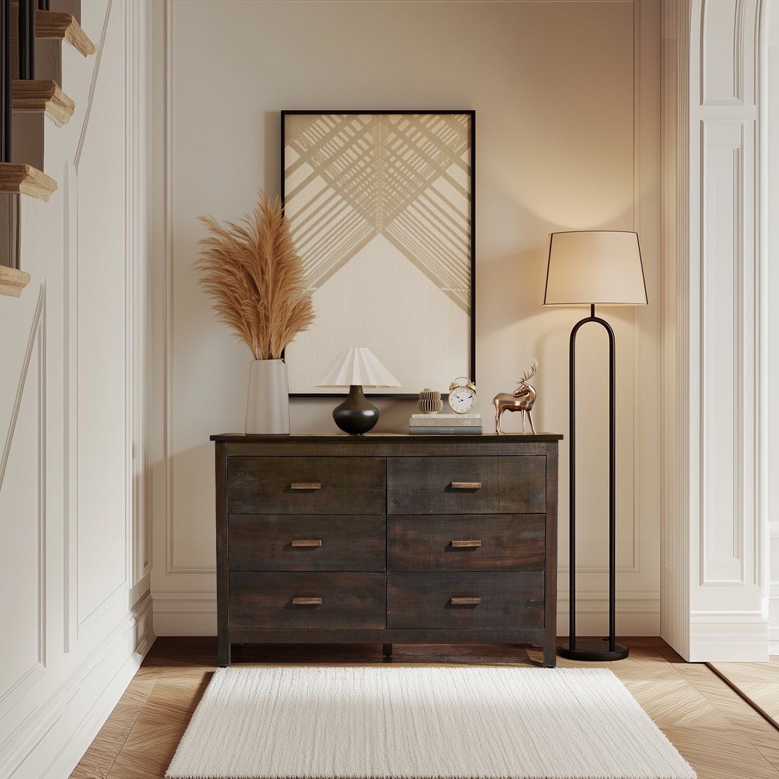 HAOYYE MDF Chest of Drawers with Solid Wood Veneer, Double Row Six Drawer Storage Cabinet for Bedroom and Living Room Organization