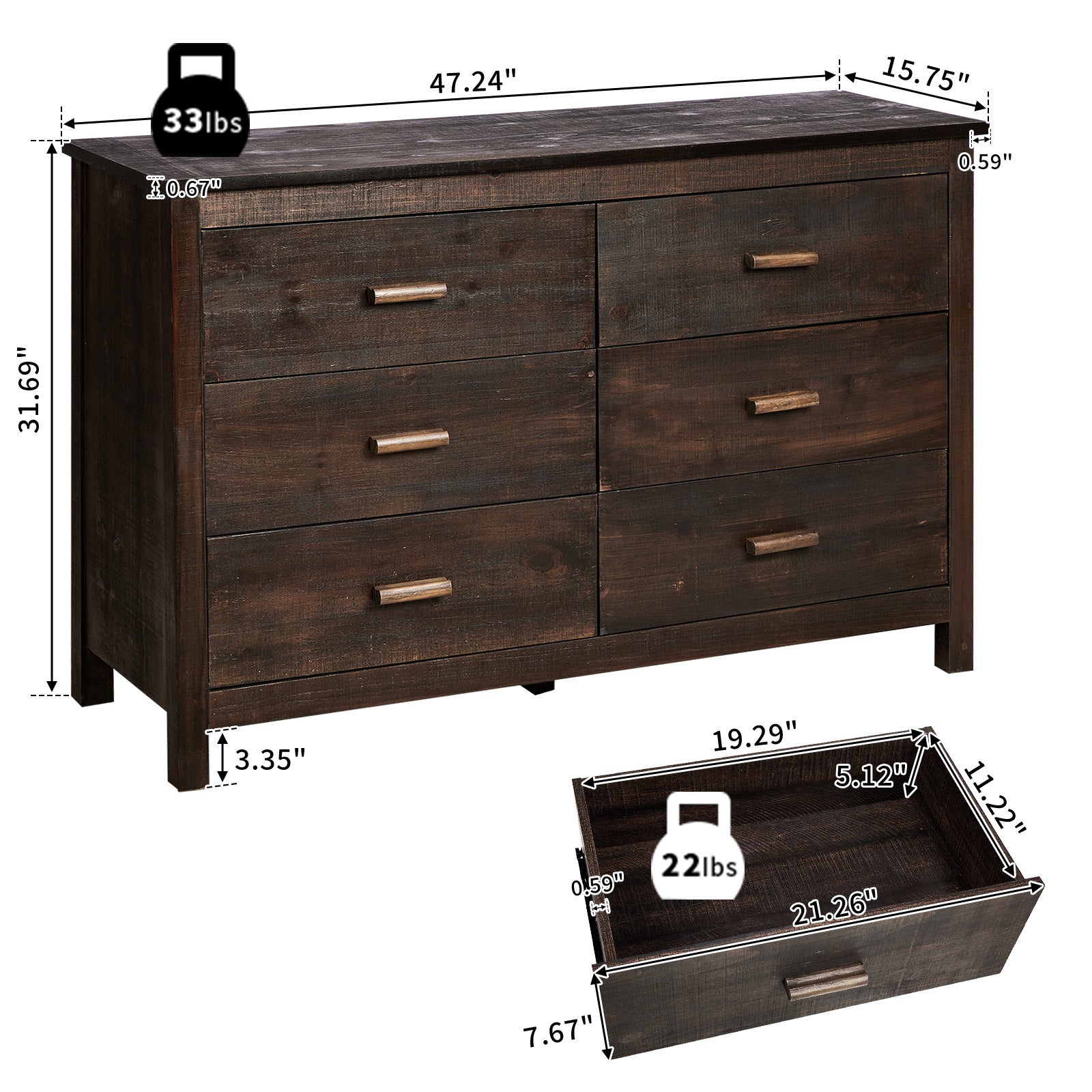 HAOYYE MDF Chest of Drawers with Solid Wood Veneer, Double Row Six Drawer Storage Cabinet for Bedroom and Living Room Organization