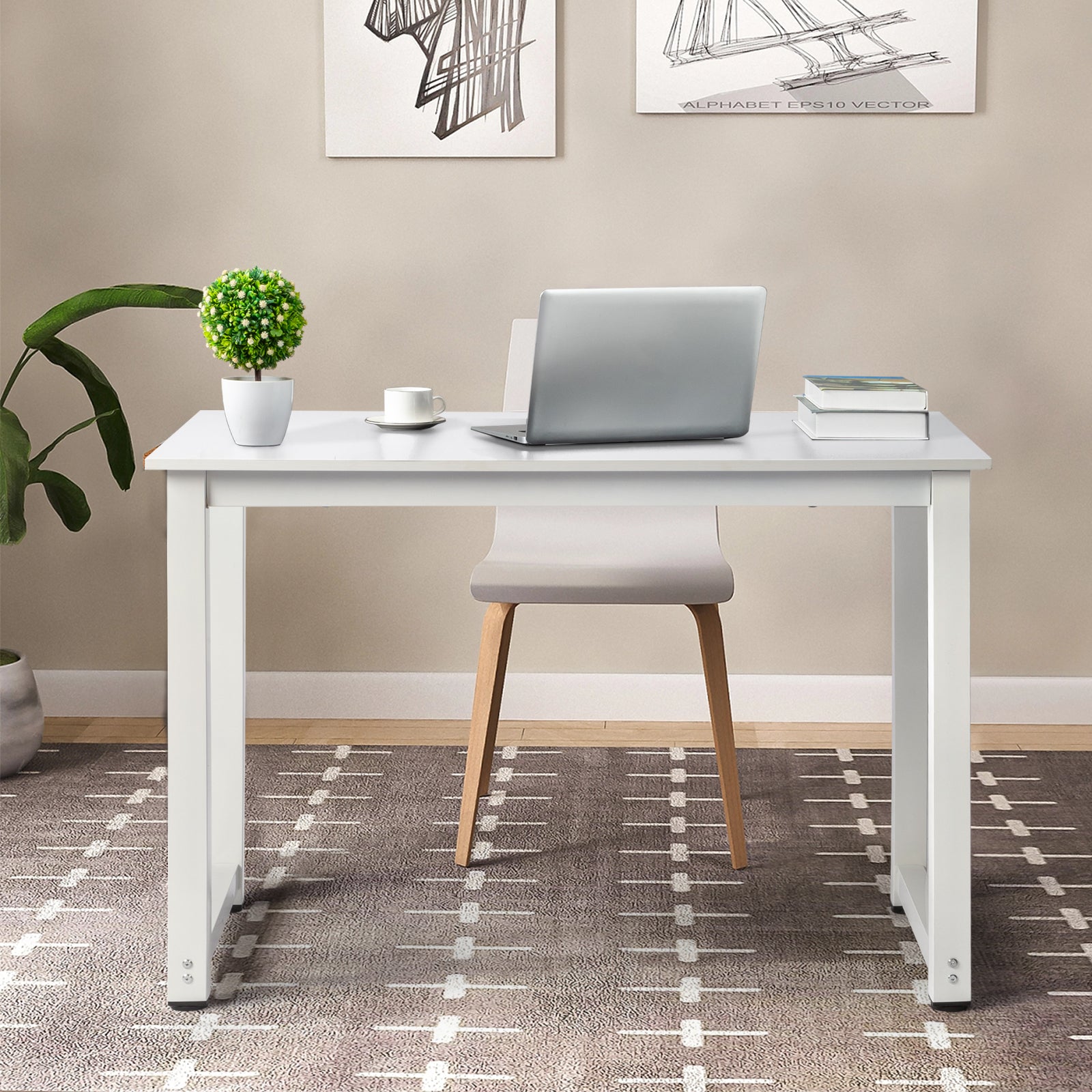 Haoyye White Desktop Computer Desk, P2 Particleboard with Steel Frame, Simple and Sturdy Workstation for Home Offices and Studies, Modern and Compact Design