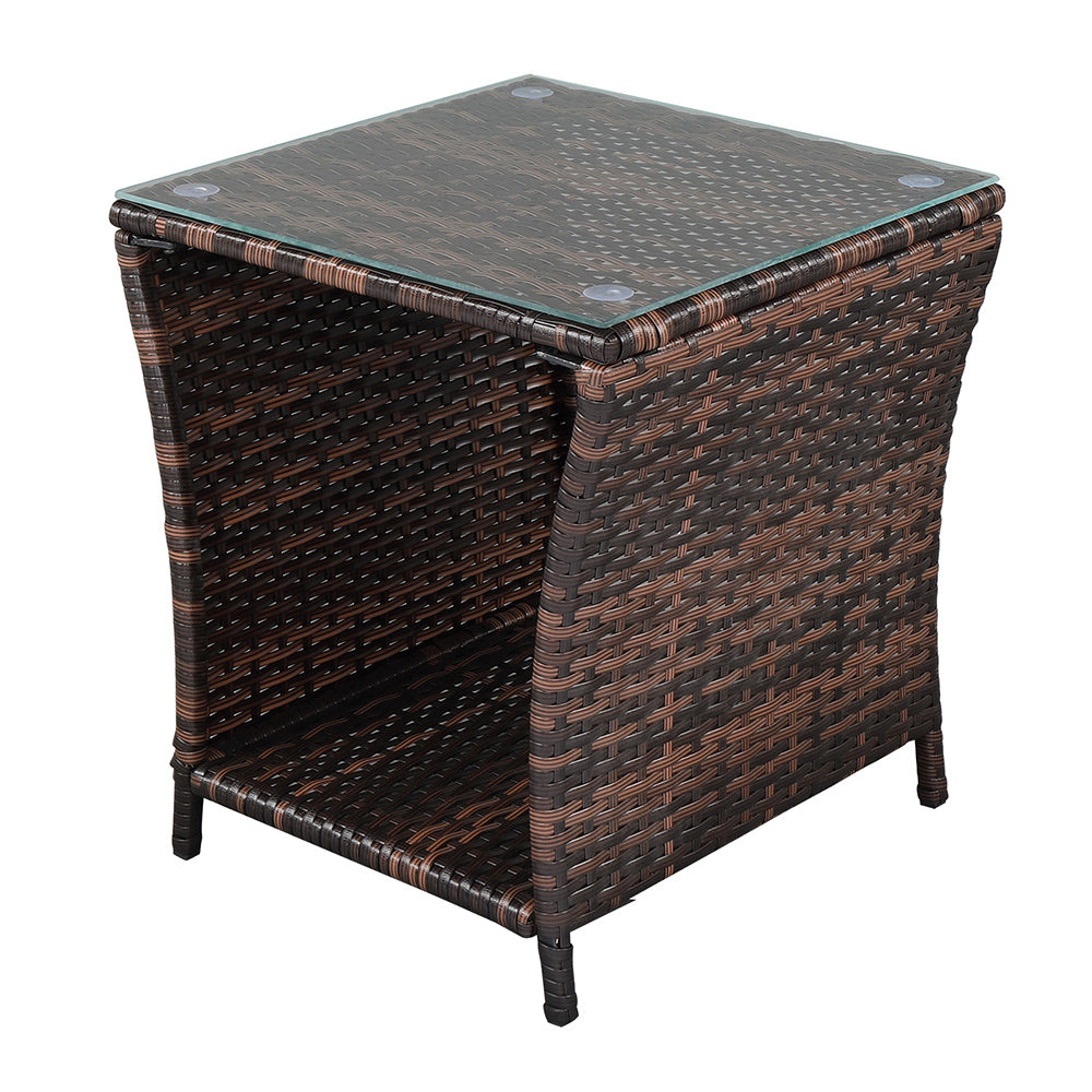 HAOYYE Rattan Side Table with Glass Top, Brown Gradient Wicker End Table with Iron Frame, Modern Square Accent Table for Patio Balcony Bedroom Living Room, Stylish & Easy Assembly, Indoor Outdoor Use