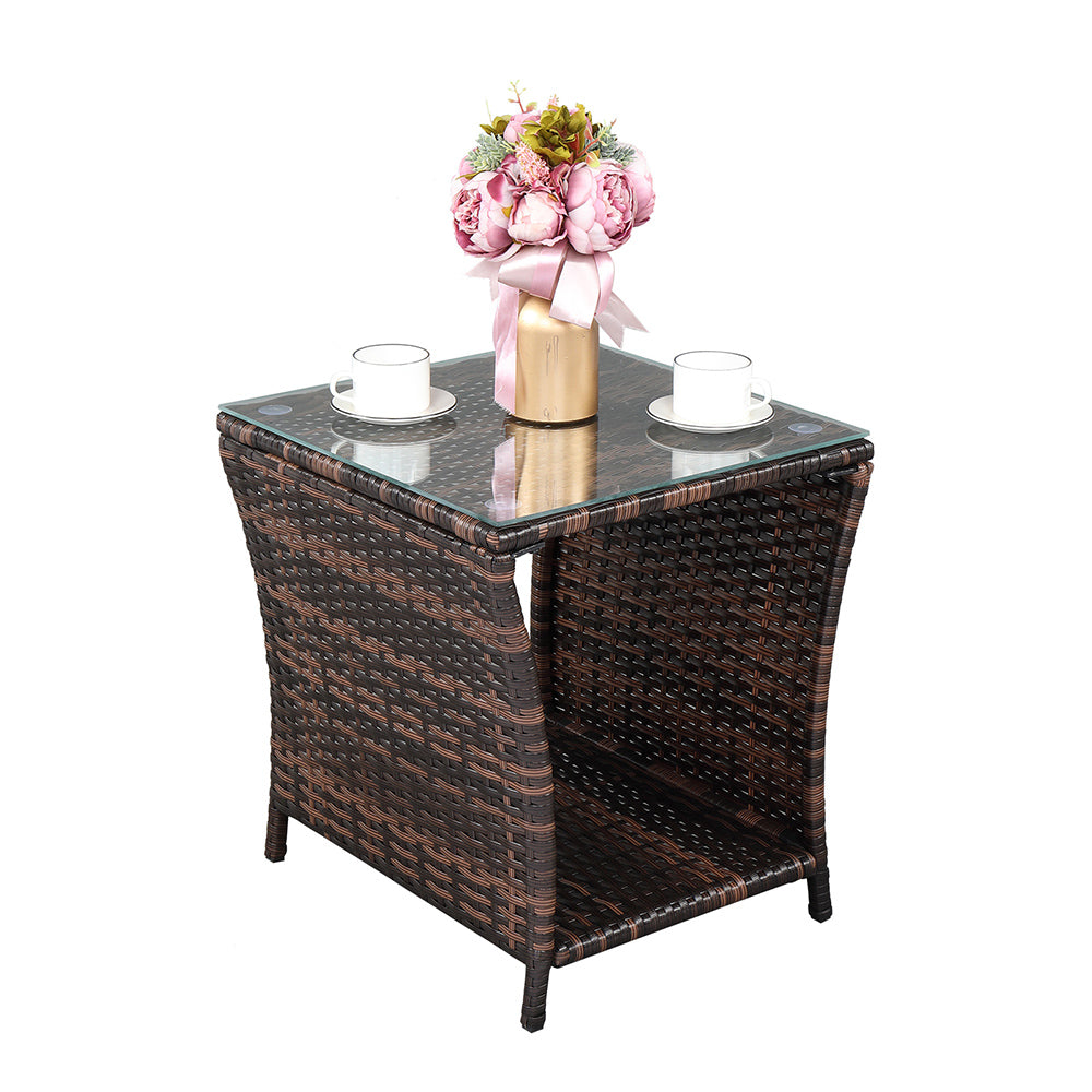 HAOYYE Rattan Side Table with Glass Top, Brown Gradient Wicker End Table with Iron Frame, Modern Square Accent Table for Patio Balcony Bedroom Living Room, Stylish & Easy Assembly, Indoor Outdoor Use