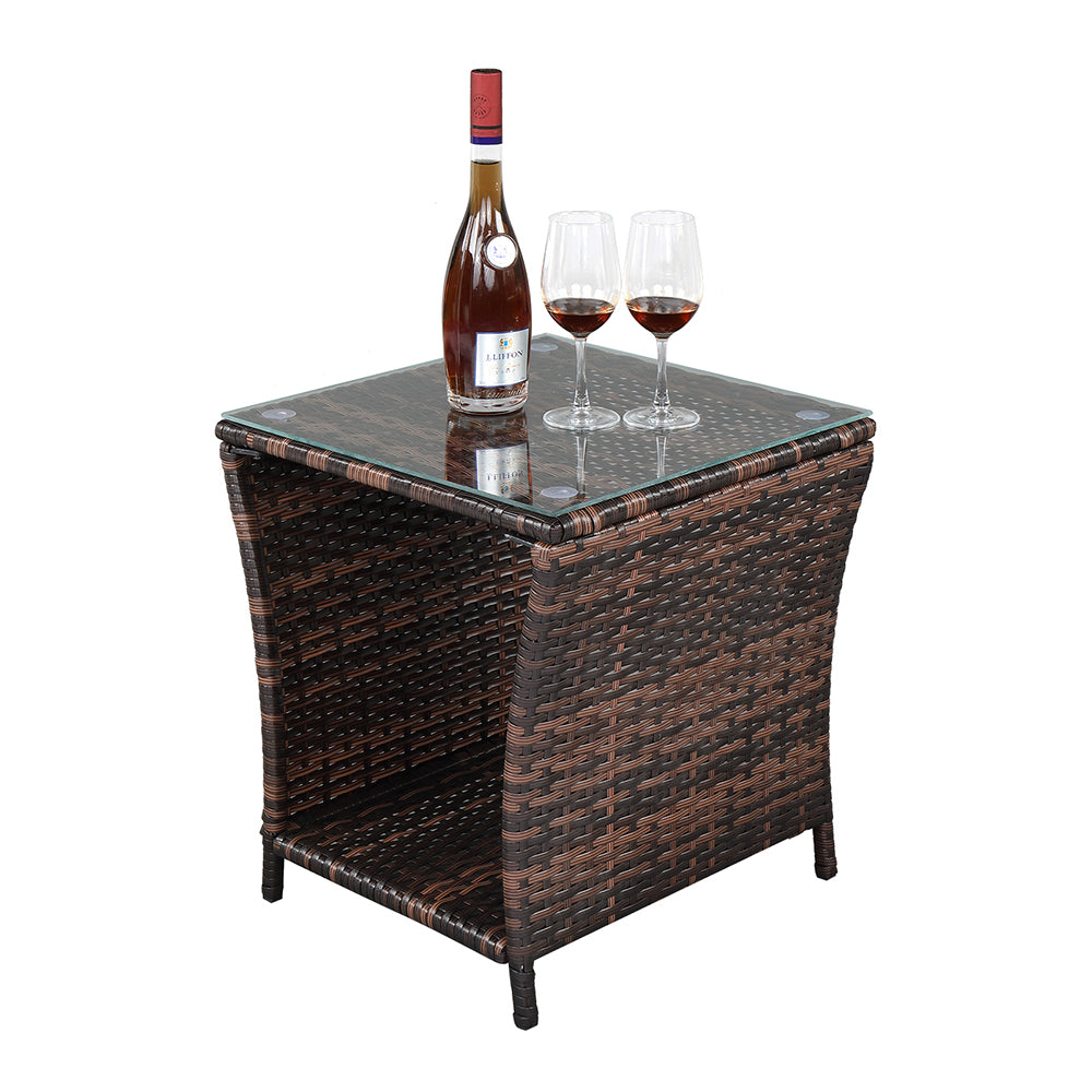 HAOYYE Rattan Side Table with Glass Top, Brown Gradient Wicker End Table with Iron Frame, Modern Square Accent Table for Patio Balcony Bedroom Living Room, Stylish & Easy Assembly, Indoor Outdoor Use