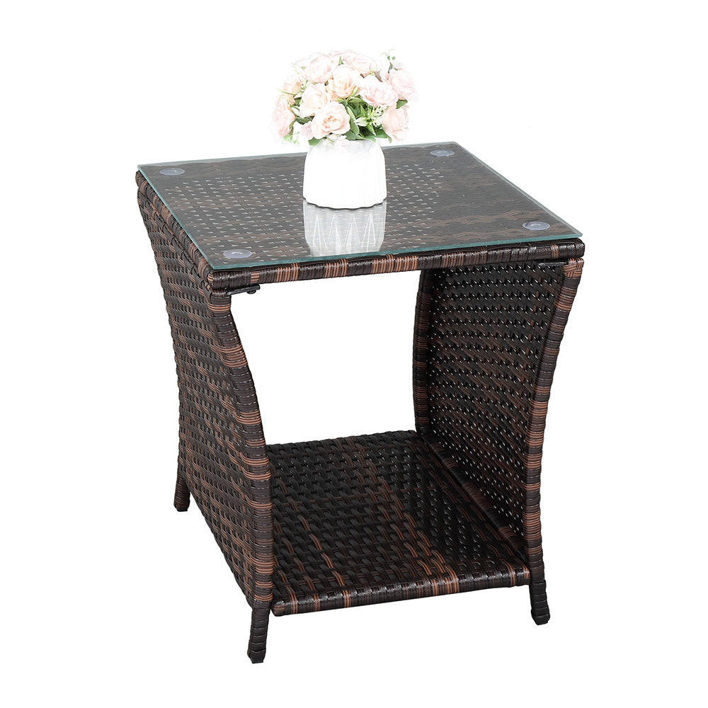HAOYYE Rattan Side Table with Glass Top, Brown Gradient Wicker End Table with Iron Frame, Modern Square Accent Table for Patio Balcony Bedroom Living Room, Stylish & Easy Assembly, Indoor Outdoor Use