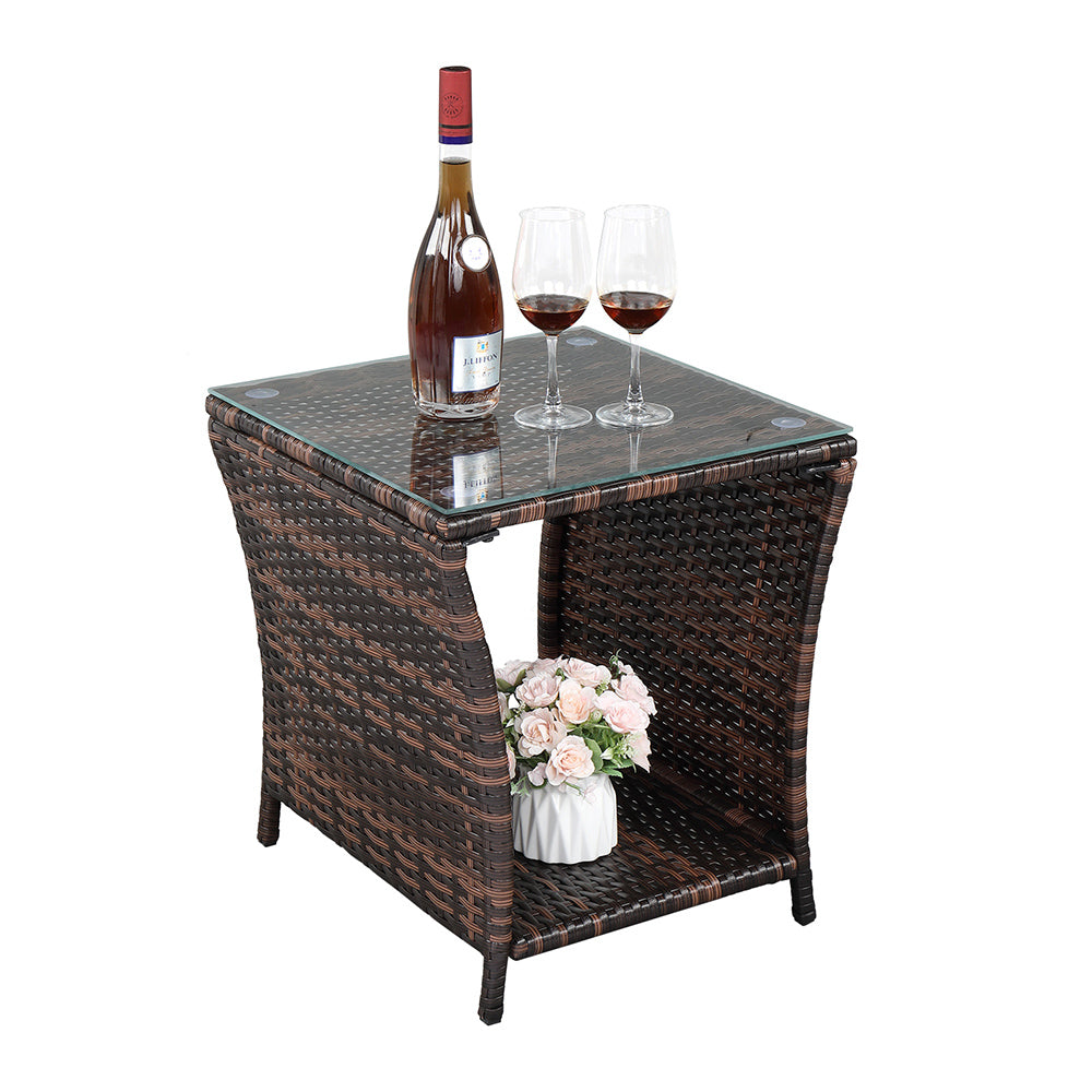 HAOYYE Rattan Side Table with Glass Top, Brown Gradient Wicker End Table with Iron Frame, Modern Square Accent Table for Patio Balcony Bedroom Living Room, Stylish & Easy Assembly, Indoor Outdoor Use