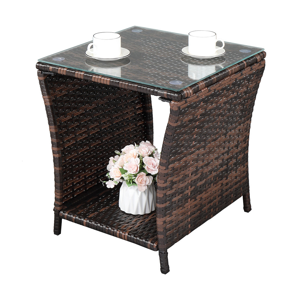 HAOYYE Rattan Side Table with Glass Top, Brown Gradient Wicker End Table with Iron Frame, Modern Square Accent Table for Patio Balcony Bedroom Living Room, Stylish & Easy Assembly, Indoor Outdoor Use