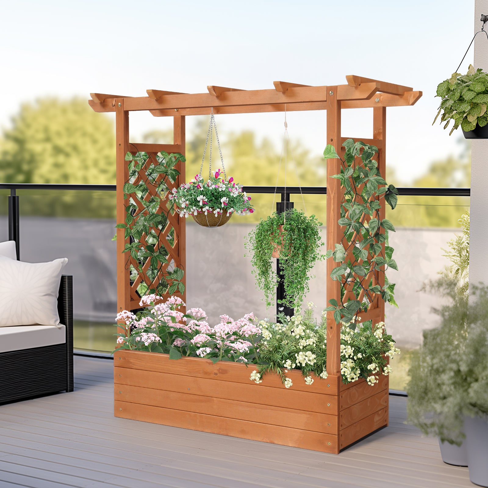 Haoyye Raised Garden Bed, Durable Teak Color Fir Wood Planter Box with Arched Lattice, Elegant and Easy-to-Assemble Planting Frame for Outdoor Gardens, Balconies, and Courtyards