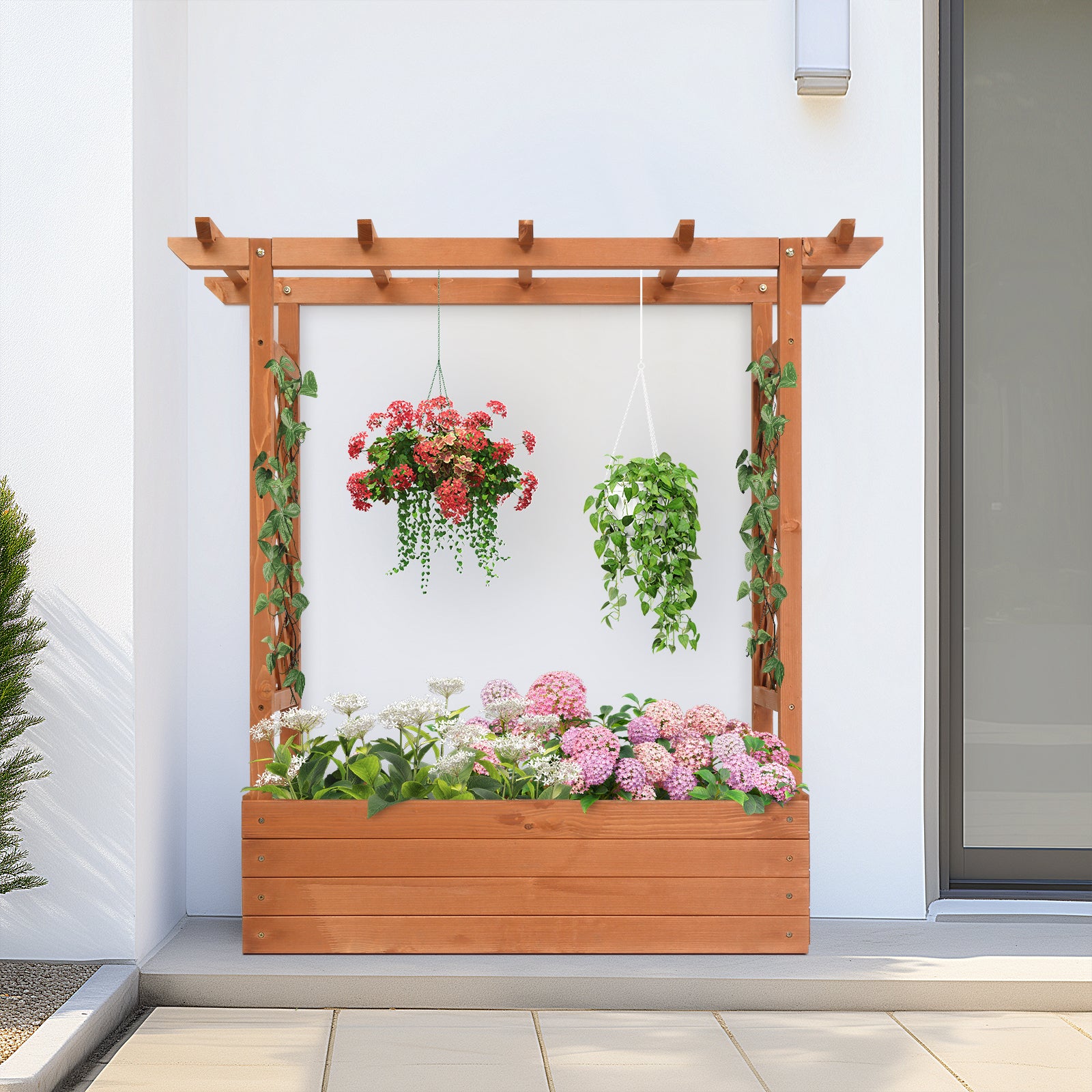 Haoyye Raised Garden Bed, Durable Teak Color Fir Wood Planter Box with Arched Lattice, Elegant and Easy-to-Assemble Planting Frame for Outdoor Gardens, Balconies, and Courtyards
