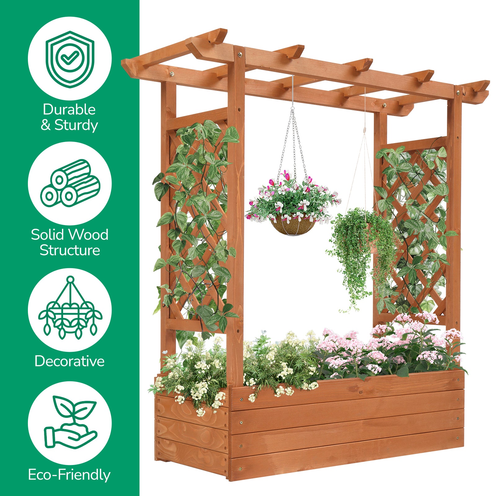 Haoyye Raised Garden Bed, Durable Teak Color Fir Wood Planter Box with Arched Lattice, Elegant and Easy-to-Assemble Planting Frame for Outdoor Gardens, Balconies, and Courtyards
