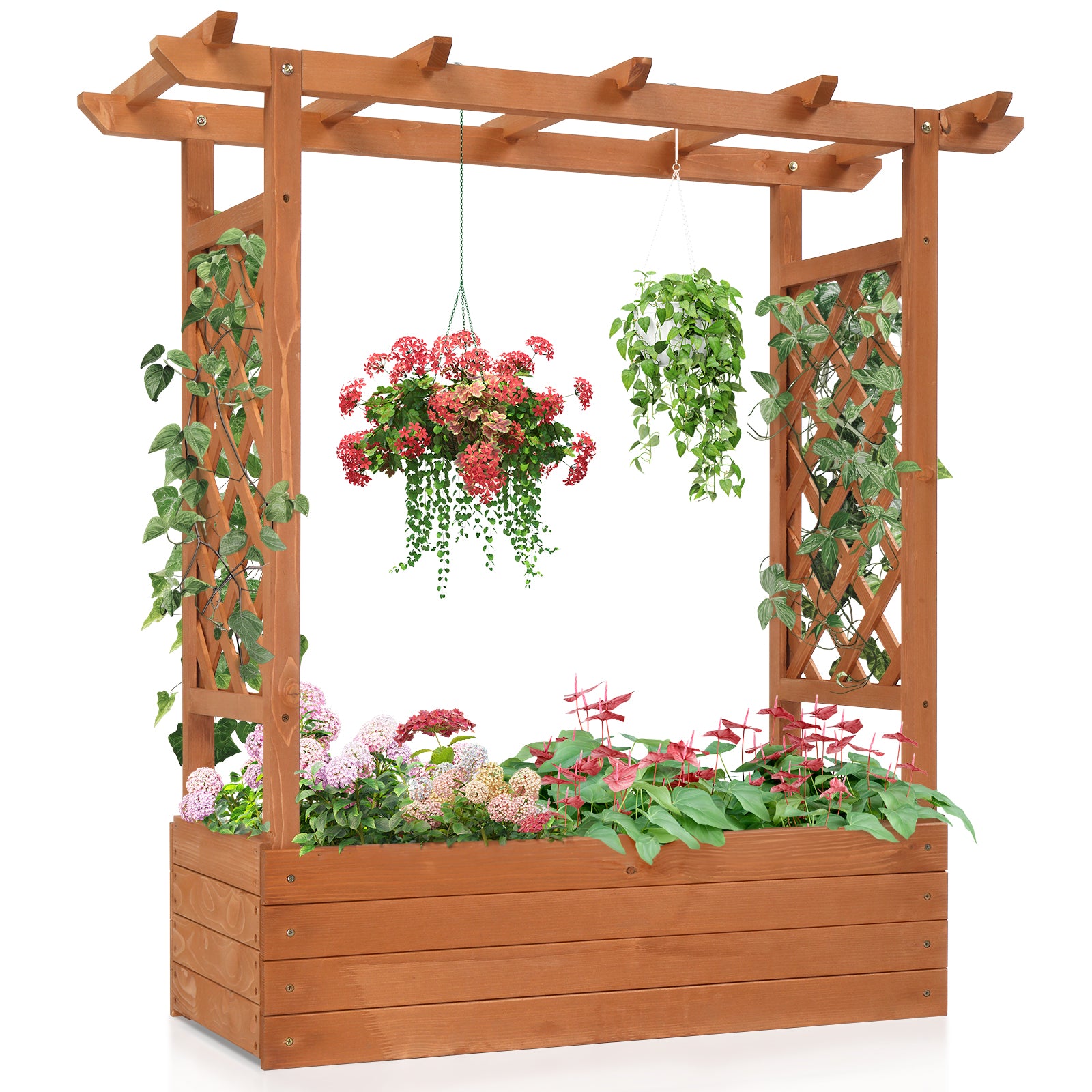 Haoyye Raised Garden Bed, Durable Teak Color Fir Wood Planter Box with Arched Lattice, Elegant and Easy-to-Assemble Planting Frame for Outdoor Gardens, Balconies, and Courtyards