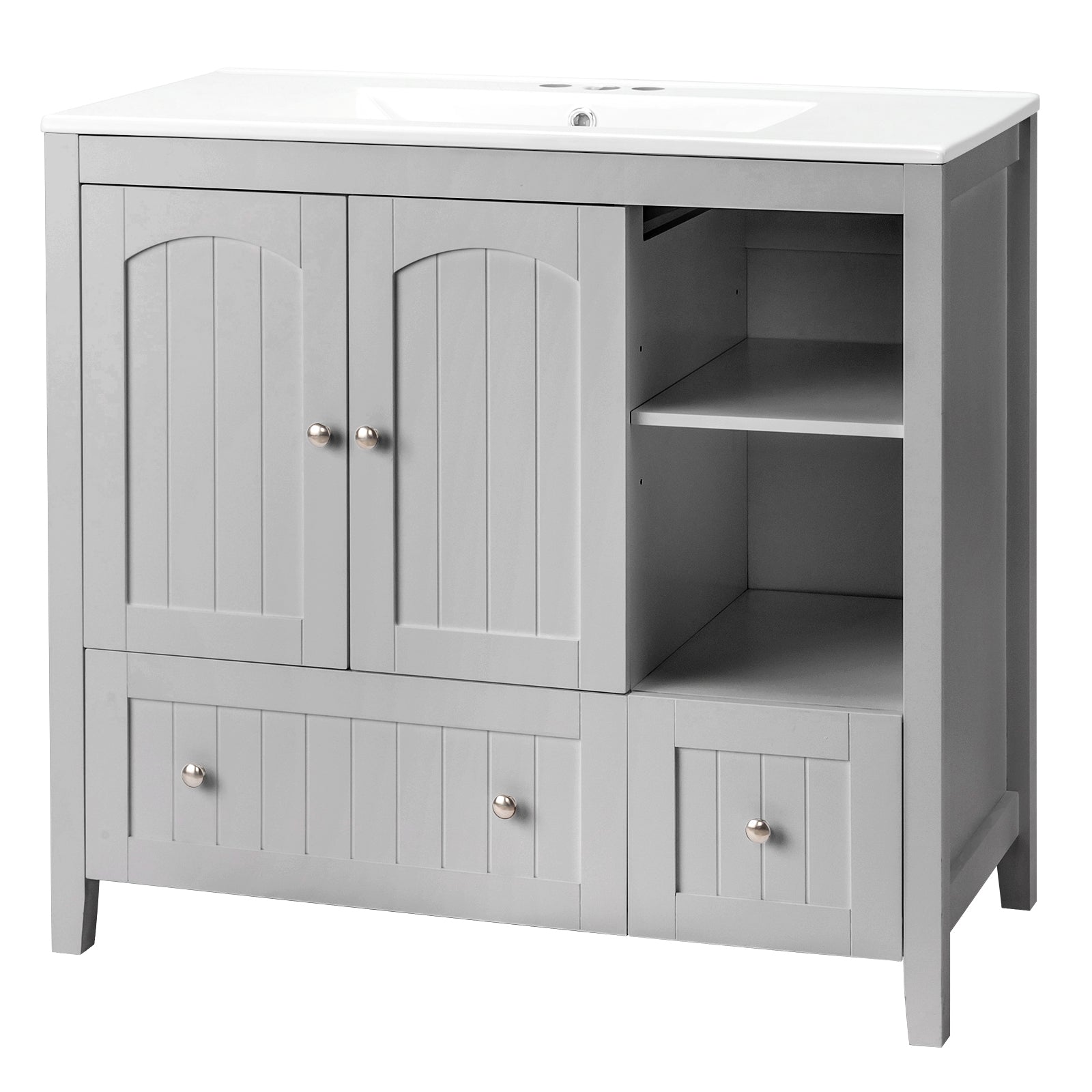Haoyye Grey MDF Lacquered Bathroom Vanity Cabinet, Double Door and 2 Drawer Design, Decorative Molding, Modern and Durable Moisture-Resistant Storage Solution for Stylish Bathrooms
