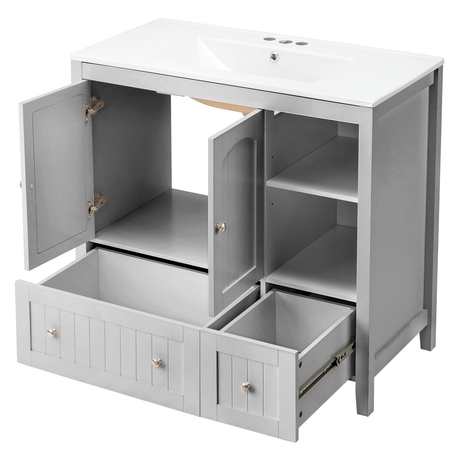 Haoyye Grey MDF Lacquered Bathroom Vanity Cabinet, Double Door and 2 Drawer Design, Decorative Molding, Modern and Durable Moisture-Resistant Storage Solution for Stylish Bathrooms