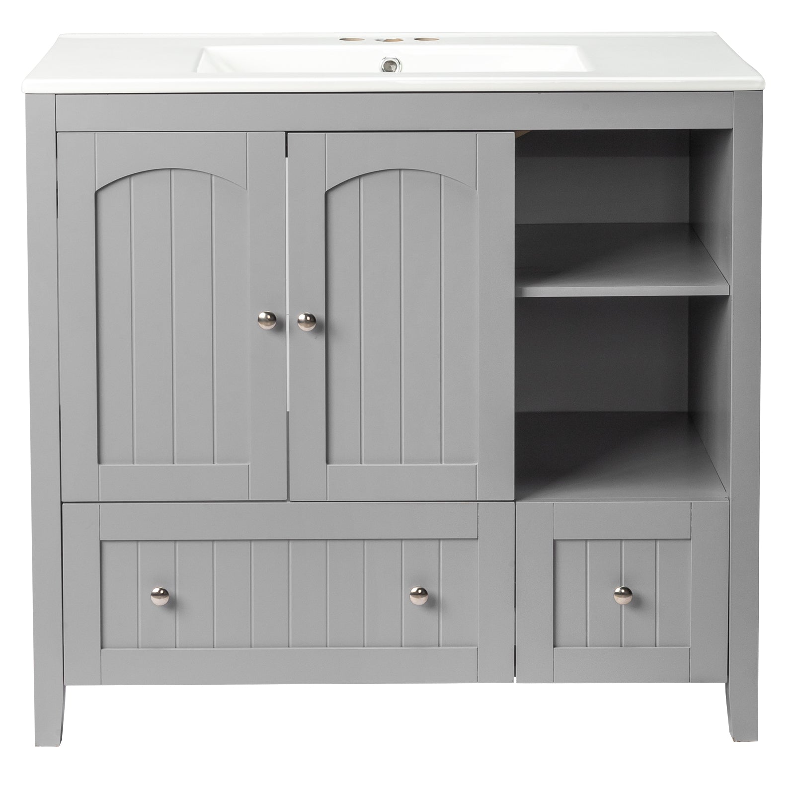 Haoyye Grey MDF Lacquered Bathroom Vanity Cabinet, Double Door and 2 Drawer Design, Decorative Molding, Modern and Durable Moisture-Resistant Storage Solution for Stylish Bathrooms
