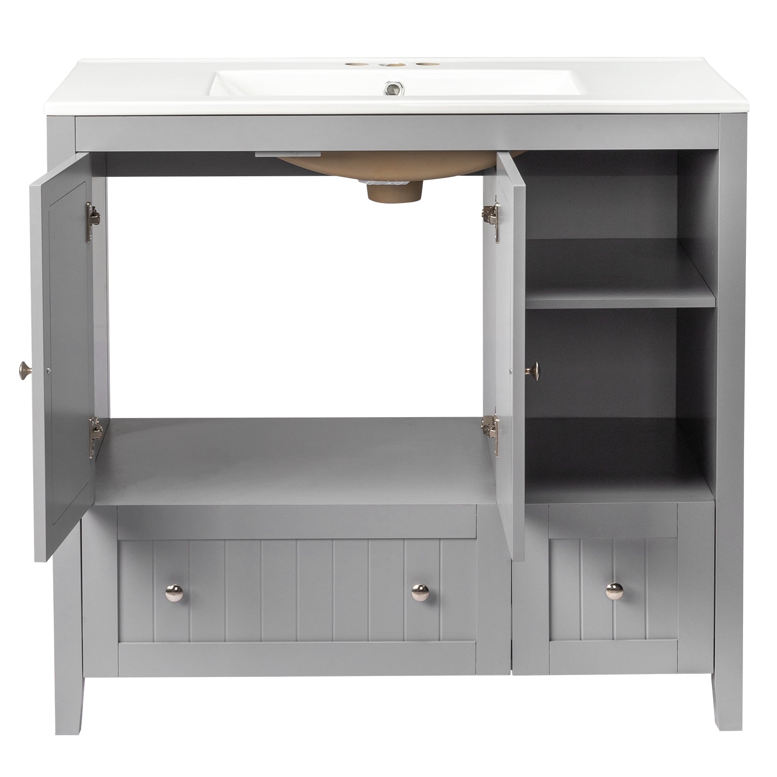 Haoyye Grey MDF Lacquered Bathroom Vanity Cabinet, Double Door and 2 Drawer Design, Decorative Molding, Modern and Durable Moisture-Resistant Storage Solution for Stylish Bathrooms