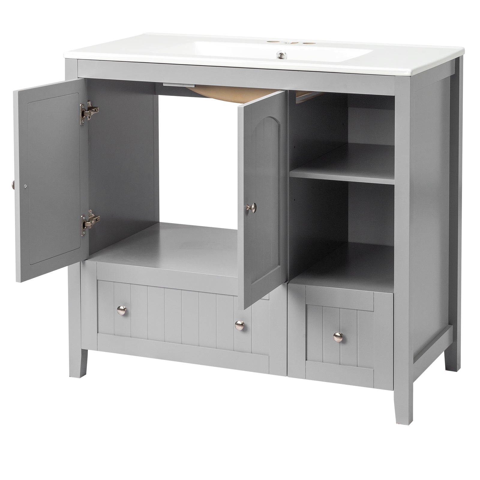 Haoyye Grey MDF Lacquered Bathroom Vanity Cabinet, Double Door and 2 Drawer Design, Decorative Molding, Modern and Durable Moisture-Resistant Storage Solution for Stylish Bathrooms