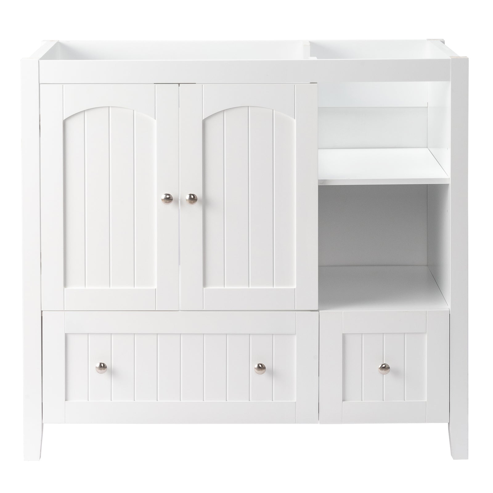 Haoyye White MDF Bathroom Vanity Cabinet, Double Door, Double Drawer Design with Decorative Strips, Elegant Moisture-Resistant Storage Solution for Modern Bathrooms, Easy to Maintain and Stylishly Compact
