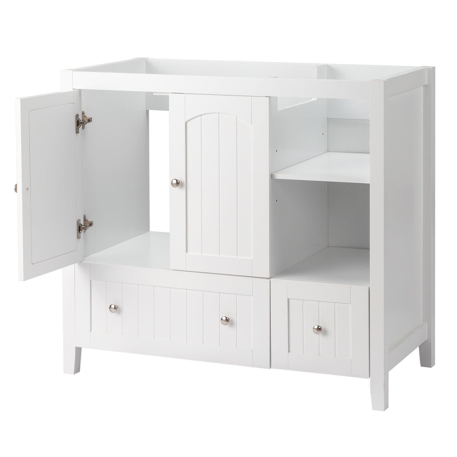 Haoyye White MDF Bathroom Vanity Cabinet, Double Door, Double Drawer Design with Decorative Strips, Elegant Moisture-Resistant Storage Solution for Modern Bathrooms, Easy to Maintain and Stylishly Compact