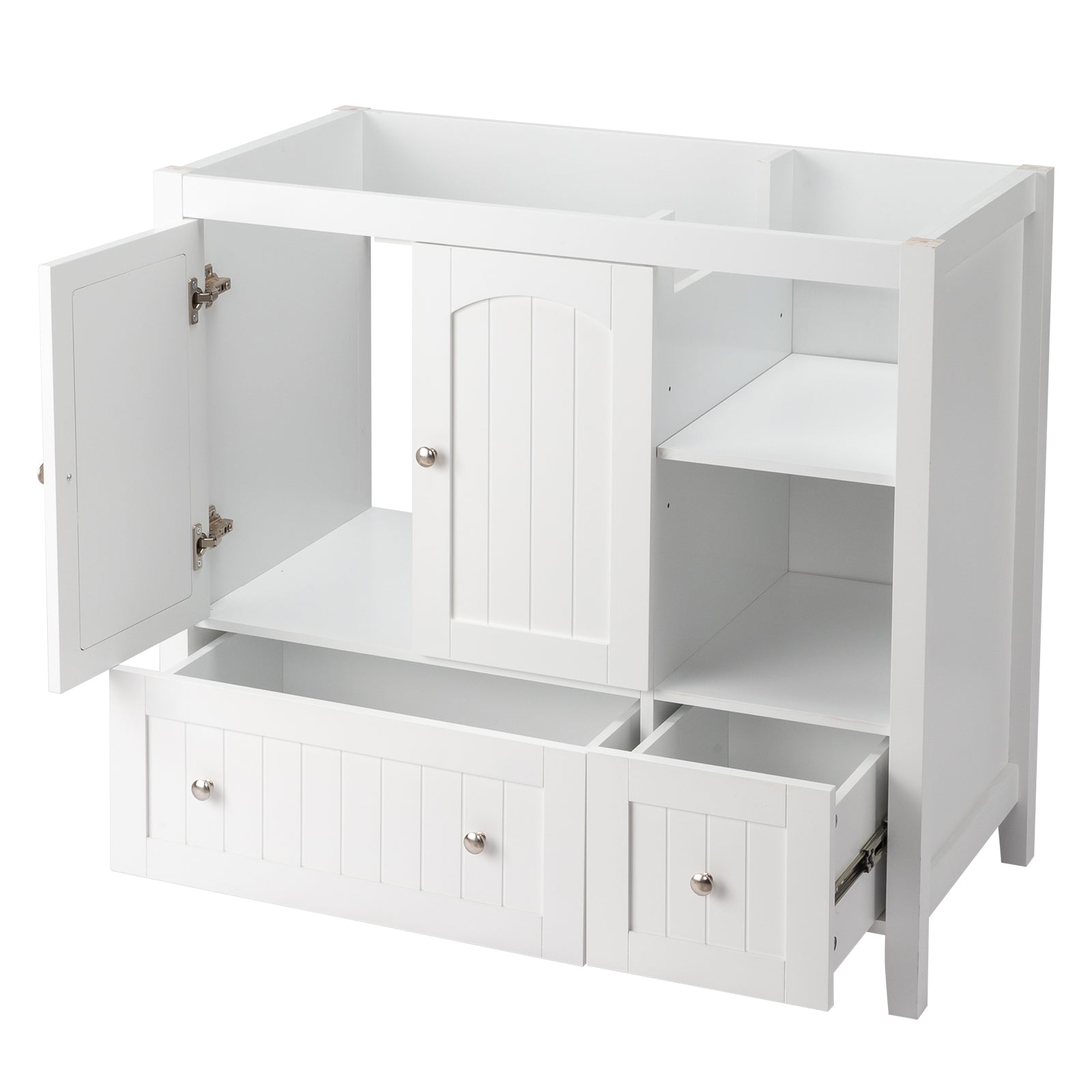 Haoyye White MDF Bathroom Vanity Cabinet, Double Door, Double Drawer Design with Decorative Strips, Elegant Moisture-Resistant Storage Solution for Modern Bathrooms, Easy to Maintain and Stylishly Compact