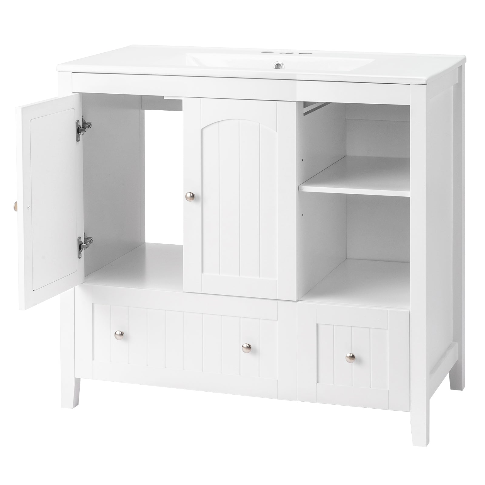 Haoyye White MDF Bathroom Vanity Cabinet, Double Door, Double Drawer Design with Decorative Strips, Elegant Moisture-Resistant Storage Solution for Modern Bathrooms, Easy to Maintain and Stylishly Compact