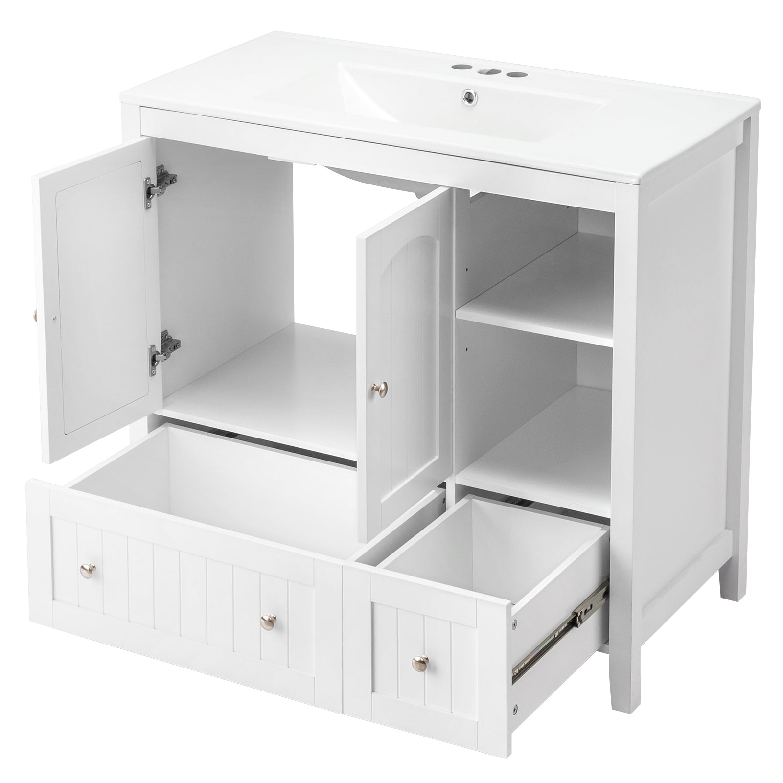 Haoyye White MDF Bathroom Vanity Cabinet, Double Door, Double Drawer Design with Decorative Strips, Elegant Moisture-Resistant Storage Solution for Modern Bathrooms, Easy to Maintain and Stylishly Compact